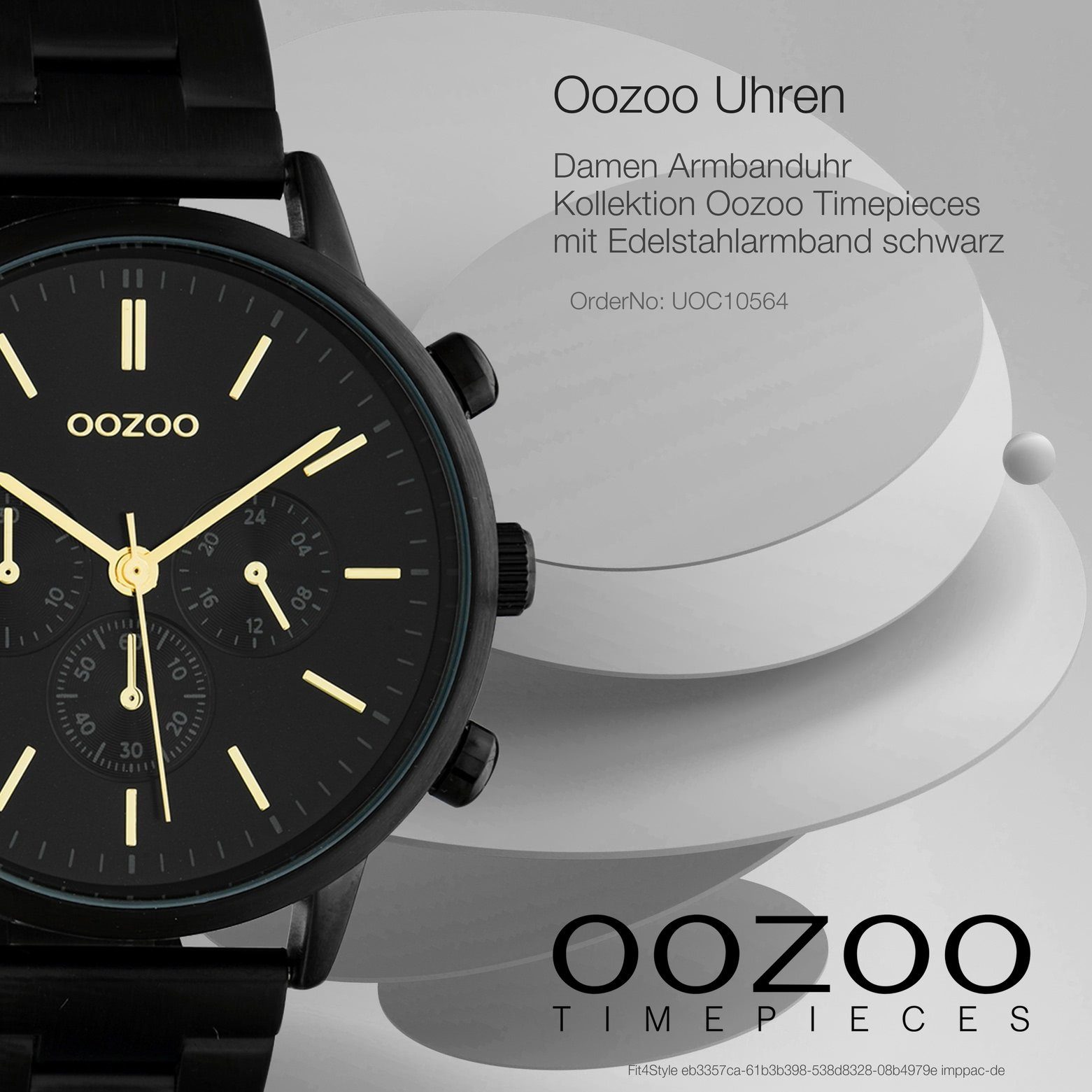 Damenuhr rund, OOZOO Fashion-Style Analog, Oozoo mittel schwarz Edelstahlarmband, Armbanduhr Damen (ca. 38mm) Quarzuhr