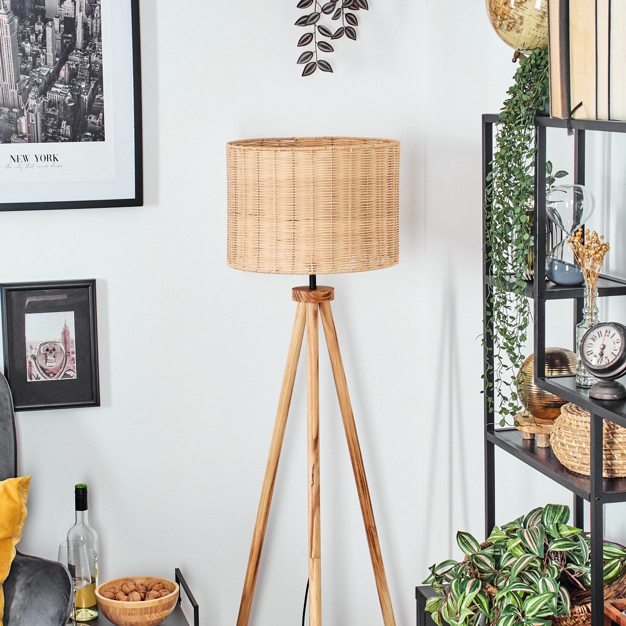 hofstein Stehlampe Stehlampe mit Holzfuß und Schirm aus Rattan, ohne Leuchtmittel, Boho-Style, skandinavisches Design (40 cm), Fußschalter, 1 x E27 – Bild 2 von 5