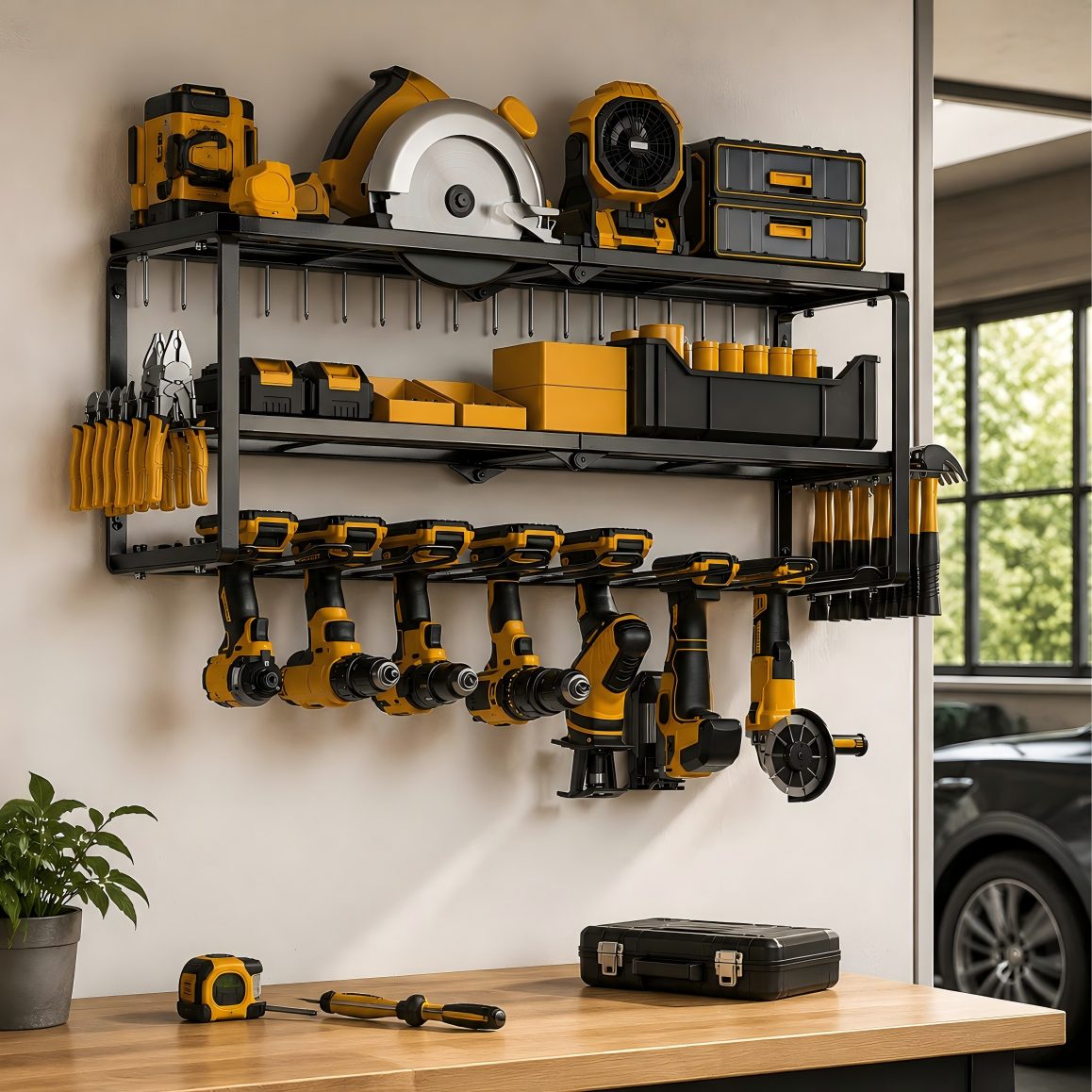 ibettertec Werkzeughalter Werkzeug Organizer Wand Metall, Werkzeugregal, 3 Etagen, Wandhalterung für Akkuschrauber, Elektrowerkzeuge und Zubehör, in Garage Werkstatt, mit Bohrmaschinenhalter, 66*20*31cm