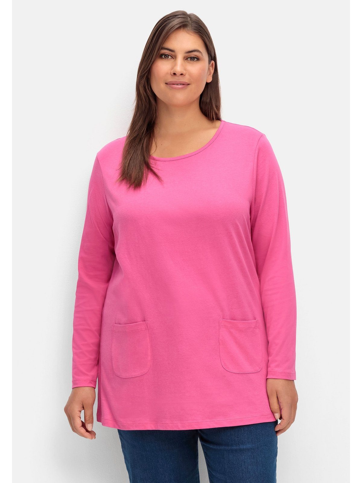 Longshirt Sheego Große Taschen Größen mit fuchsia aufgesetzten