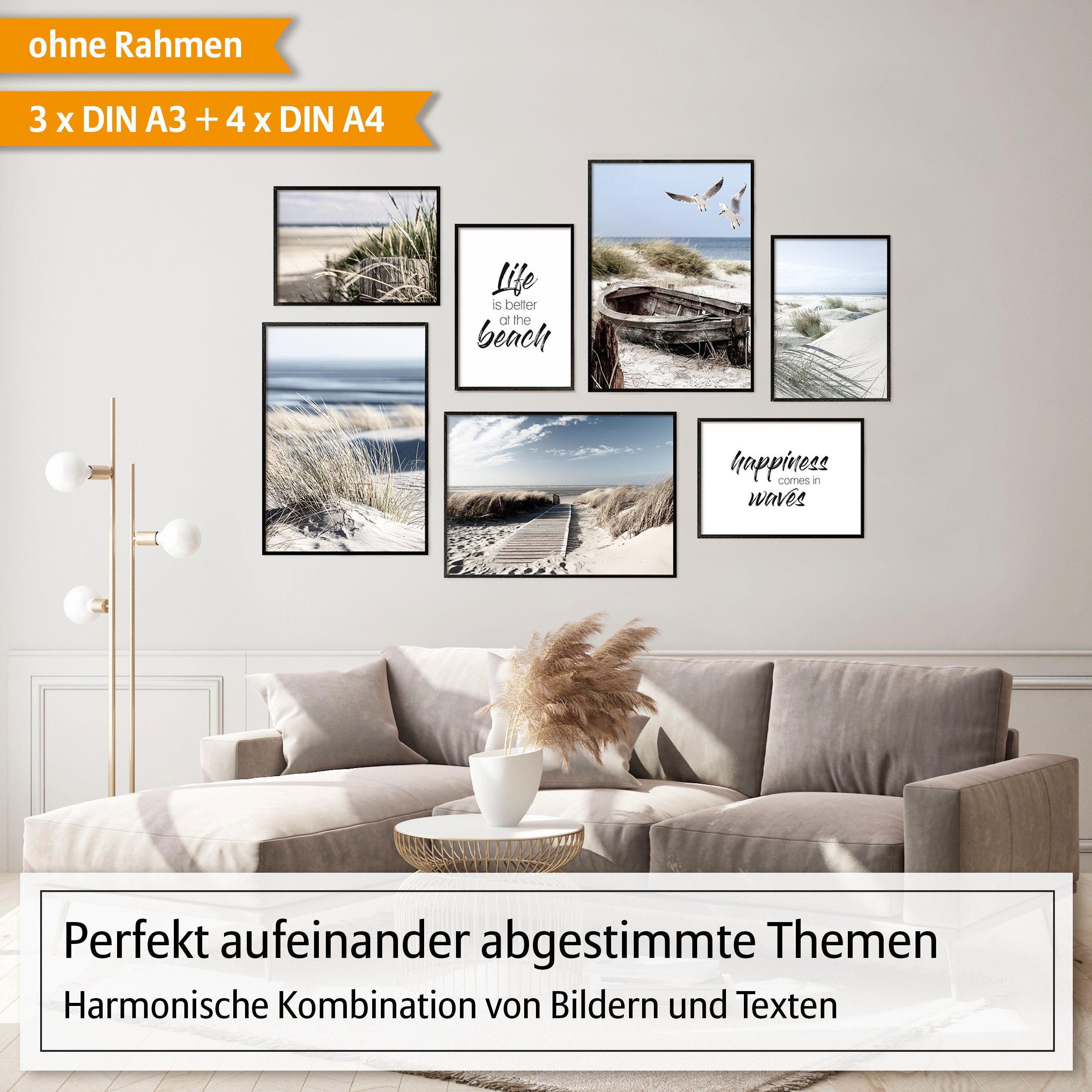 Hyggelig Home Poster Strand - Premium Poster Set OHNE & MIT Rahmen - 7 Wand günstig online kaufen