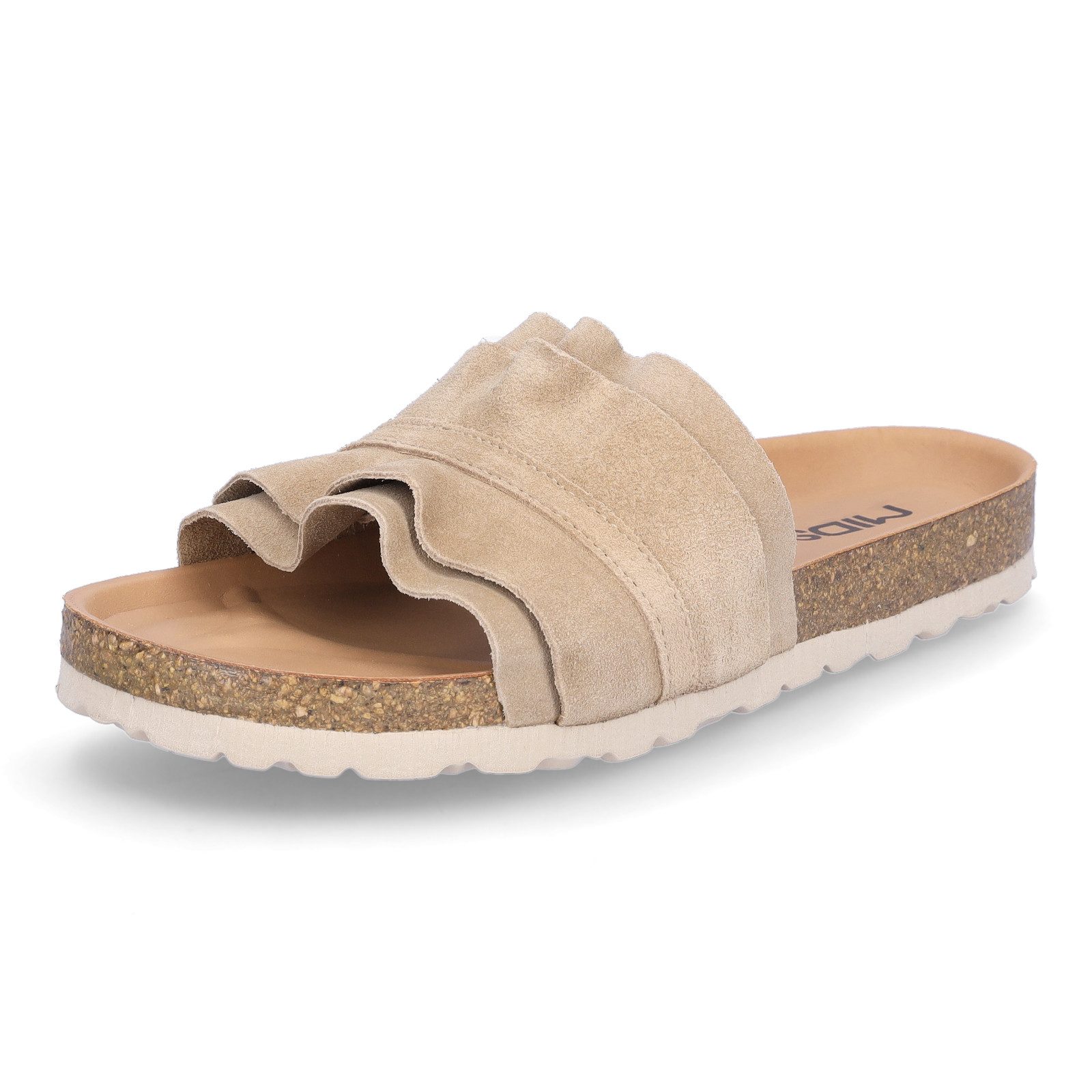 MIDS MIRABEL Damen Pantolette beige aus Velourleder mit Rüschenriemen, Lederfußbett & Korksohle