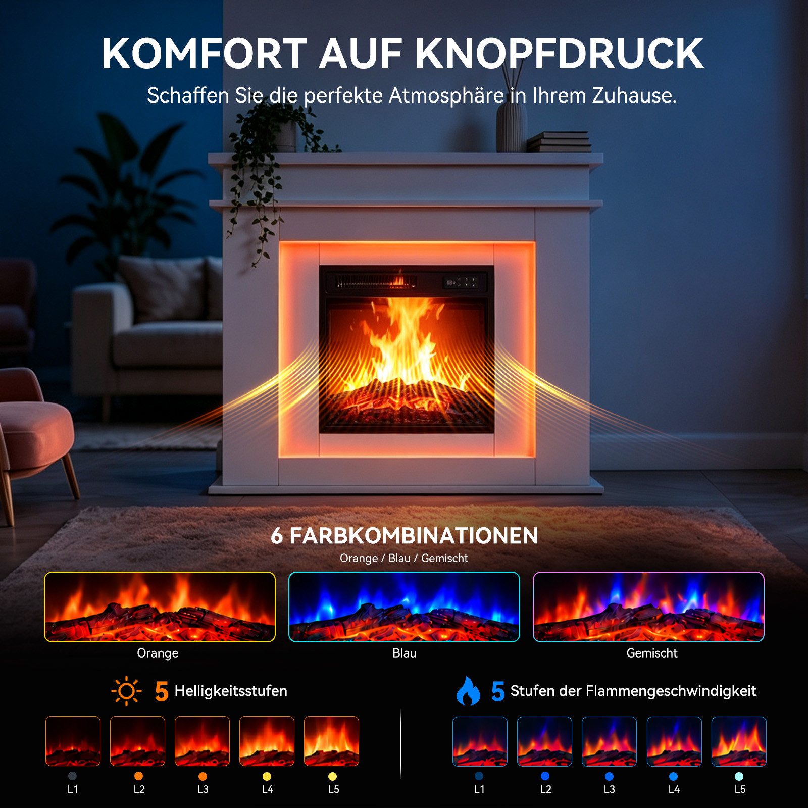 HOMAVO Elektrokamin mit Schrank, 18", 900/1800 W Heizung, 3D-Flammeneffekt, Schrankgröße: 101 × 35 × 89 cm, Timer & Überhitzungsschutz – Bild 3 von 5