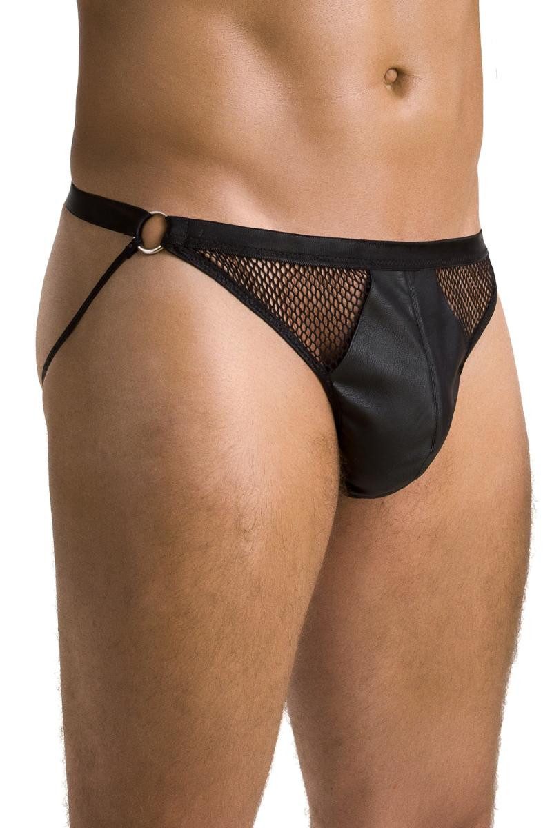 Passion Menswear String Schwarzer elatischer Herren Jock Strap aus mattem Kunstleder, Netzmate
