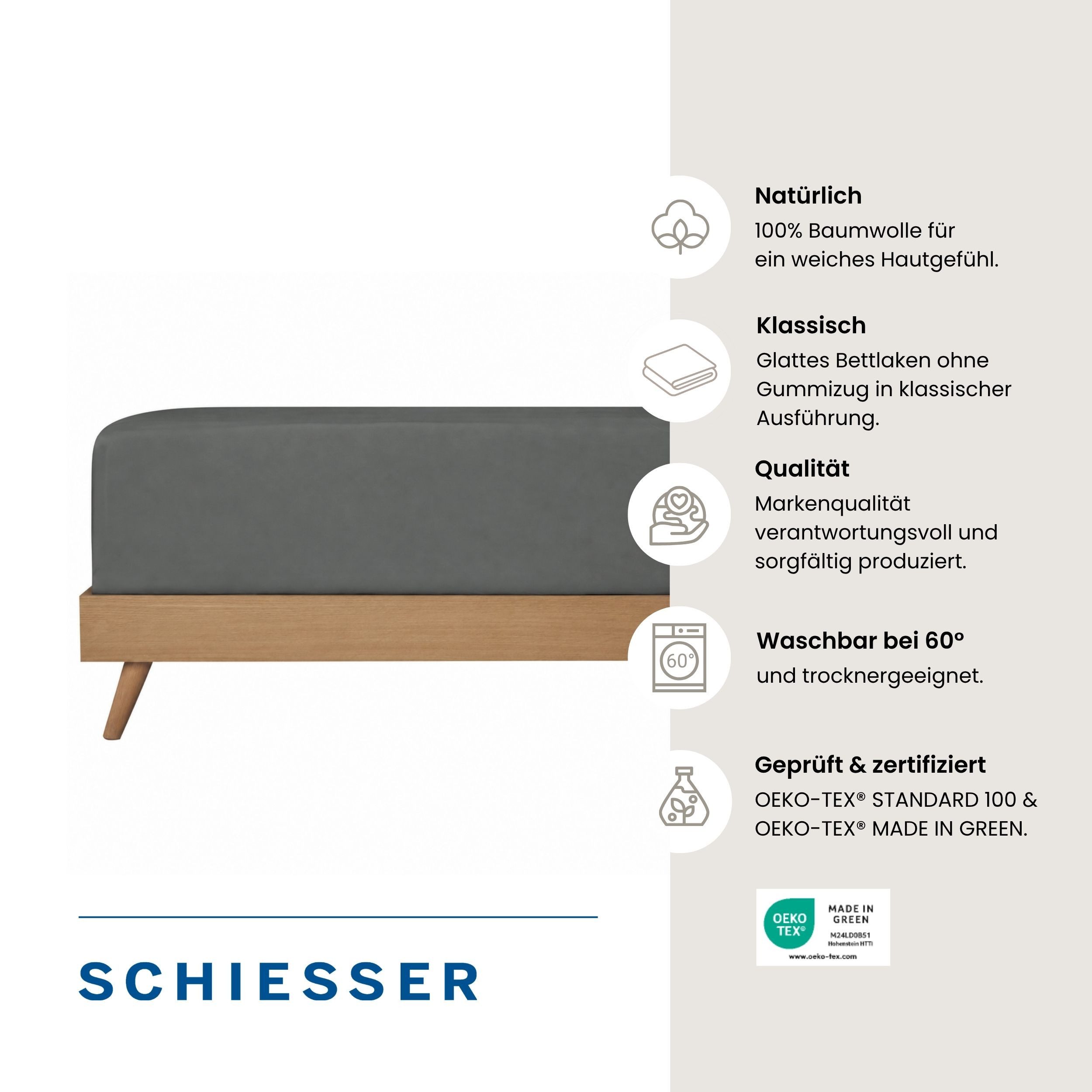 Schiesser Bettlaken Smoothy aus glatter Baumwolle in klassischer, hotelinspirierter Optik, Renforcé, Gummizug: ohne, (1 Stück), Oeko-Tex® zertifiziert – Bild 2 von 5