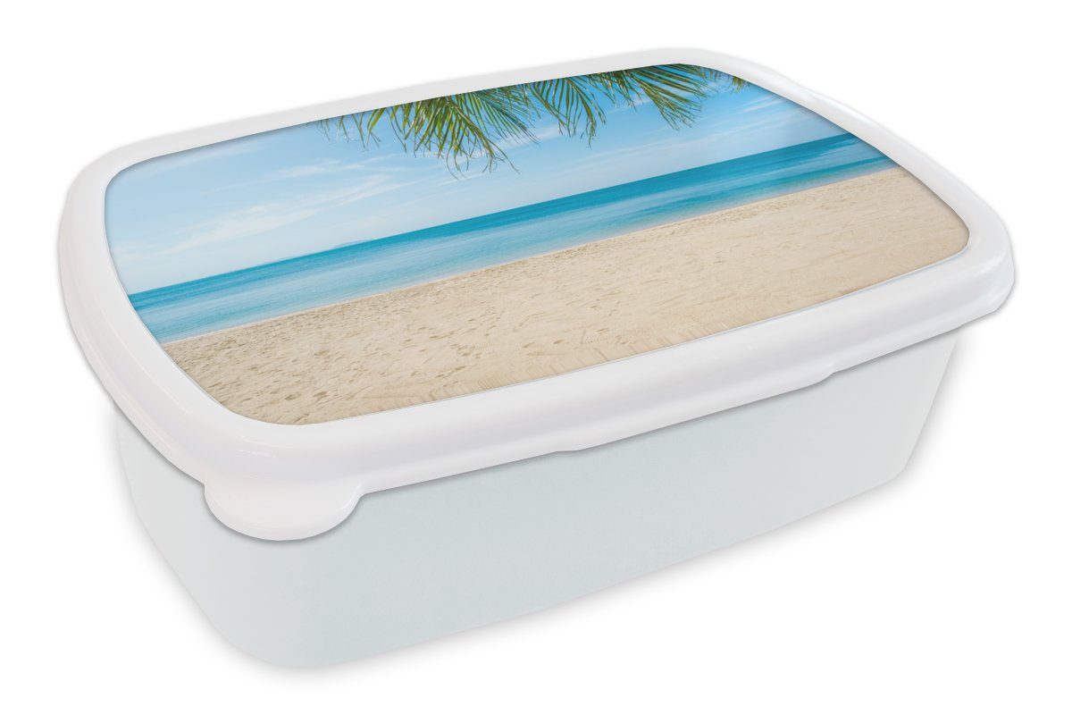 MuchoWow Lunchbox Strand - Tropisch - Palme, Kunststoff, (2-tlg), Brotbox für Kinder und Erwachsene, Brotdose, für Jungs und Mädchen weiß