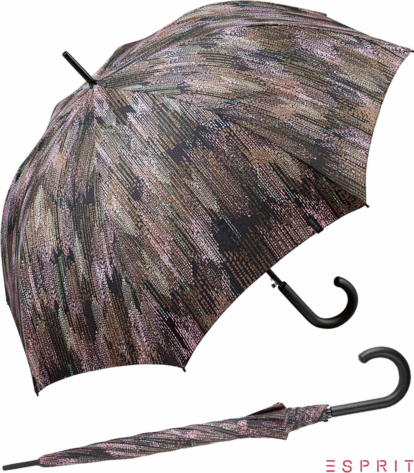 Esprit Langregenschirm Damen - Auf-Automatik gray, stabil, Blurred Edges Optik in - verwaschener mit groß, taupe gedeckter braun