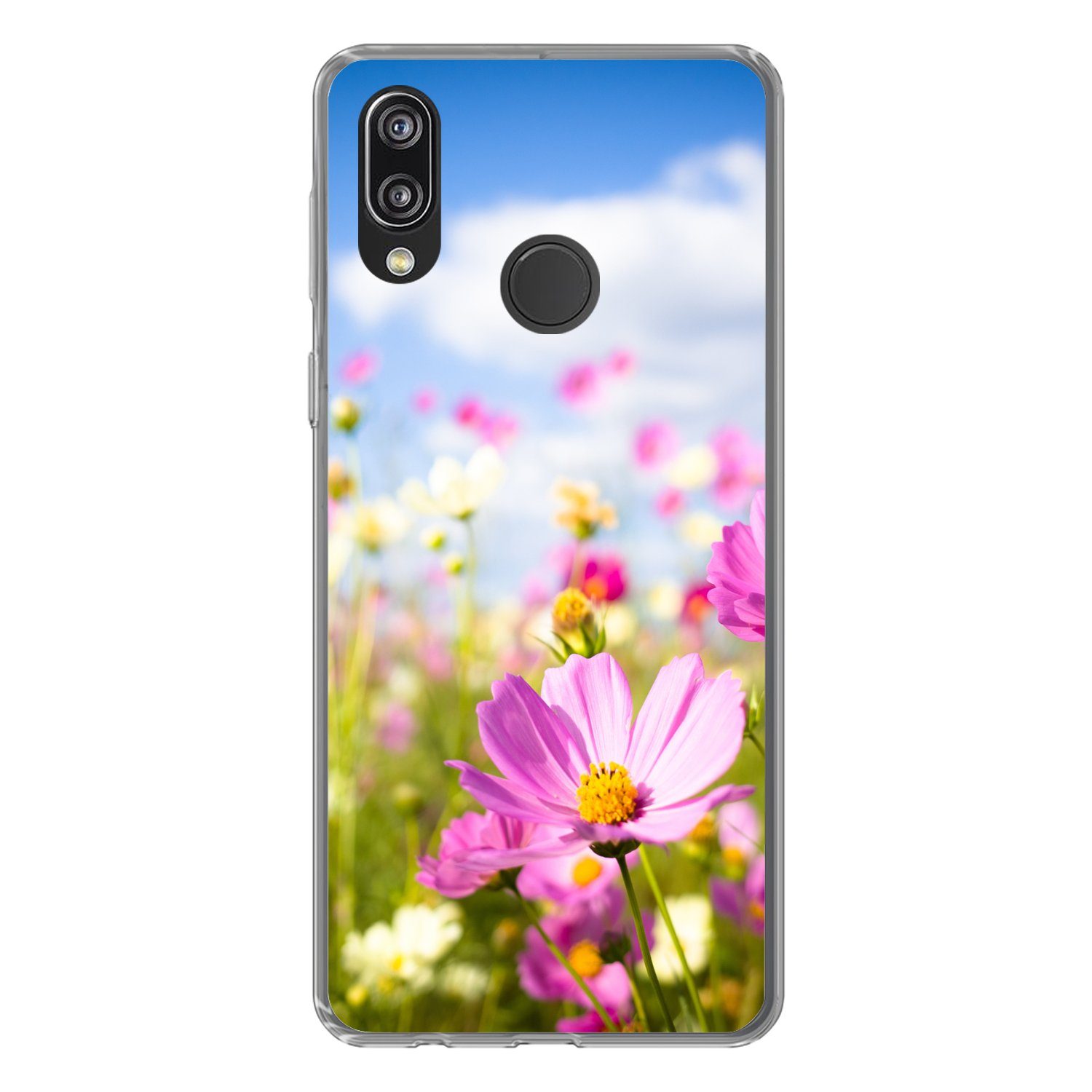 MuchoWow Handyhülle für Huawei P20 Lite (2020) Blumen - Wiese - Lila - Gras - Weiß - Wolke, Handy Case, Silikon, Bumper Case Dünn