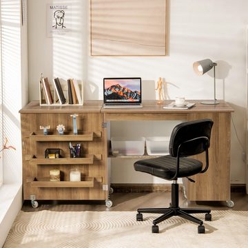 COSTWAY Schreibtisch, Klappbar, mit Rollen, mit Ablagefächern & Tür