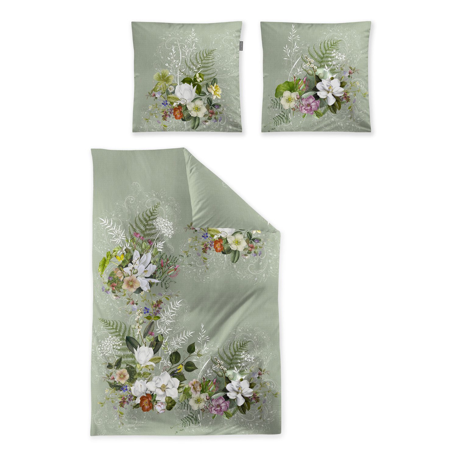 Irisette Bettwäsche Irisette Mako Satin Bettwäsche Wave 8711-30 grün Blumenranken 135x200, Mako Satin, 2 teilig, Verdeckter Qualitäts-Reißverschluss