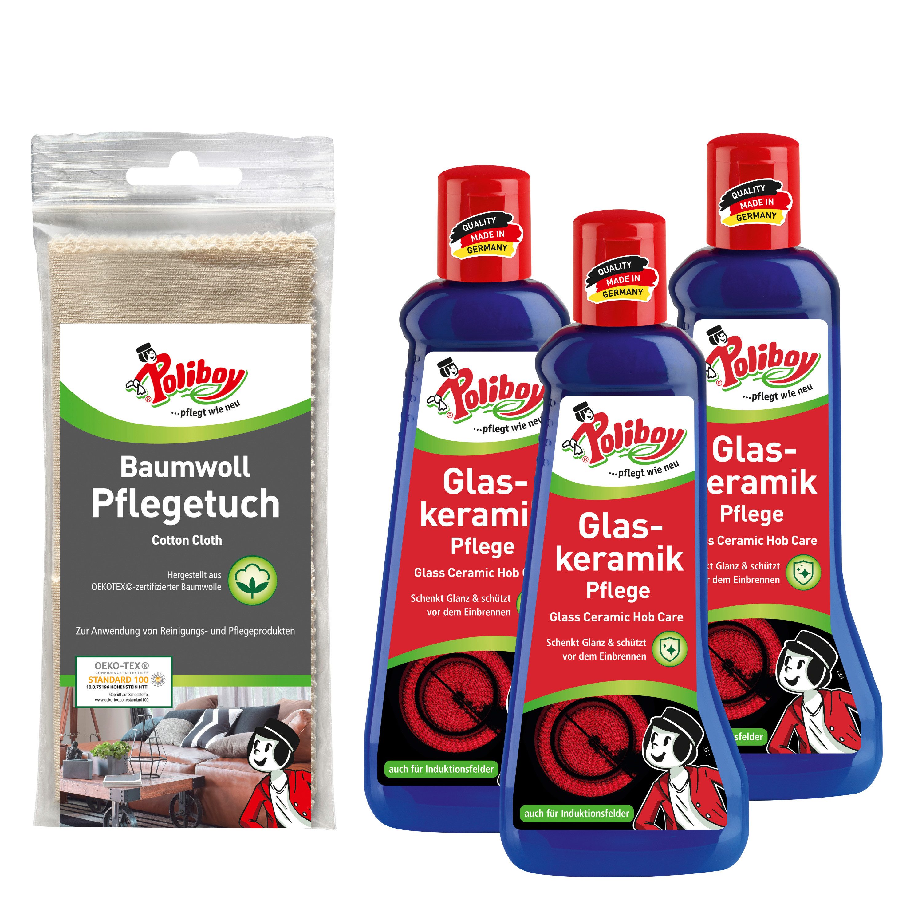poliboy 99A4501, Reinigungsset für Glaskeramik - 3x200ml Glaskeramikreiniger (mit Einbrennschutz - Inklusive Baumwolltuch - Made in Germany)