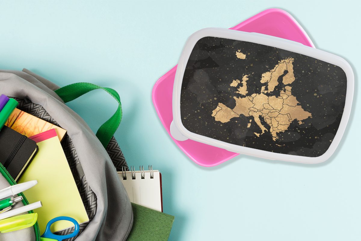 Brotbox Lunchbox Europa rosa für MuchoWow - Kinder, - Erwachsene, Kunststoff, Karte Snackbox, Kunststoff Mädchen, Brotdose Gold, (2-tlg),