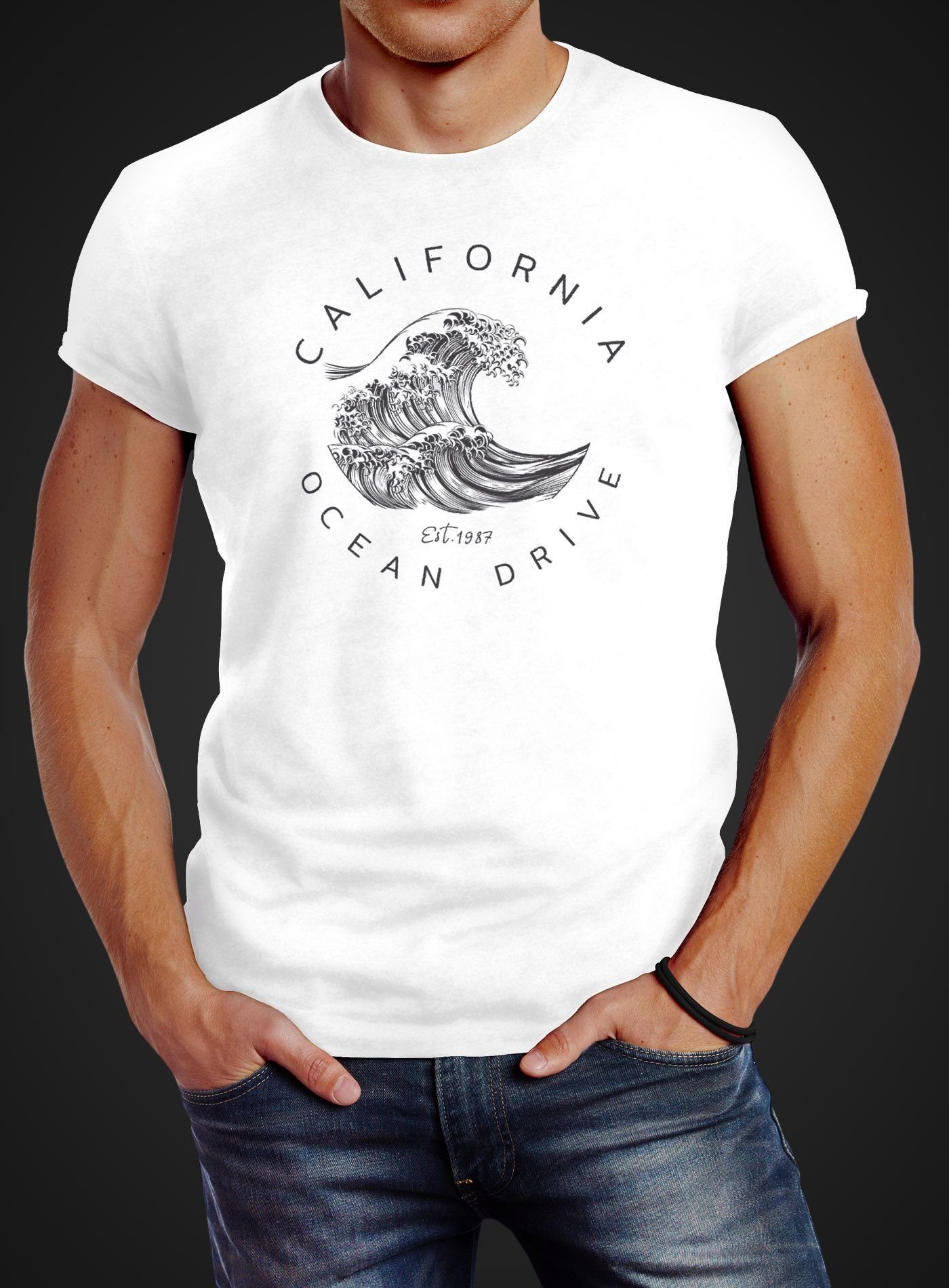 Welle Surf Herren Neverless® T-Shirt Neverless California mit Fit Ocean weiß Print-Shirt Drive Slim Print Wave Summer