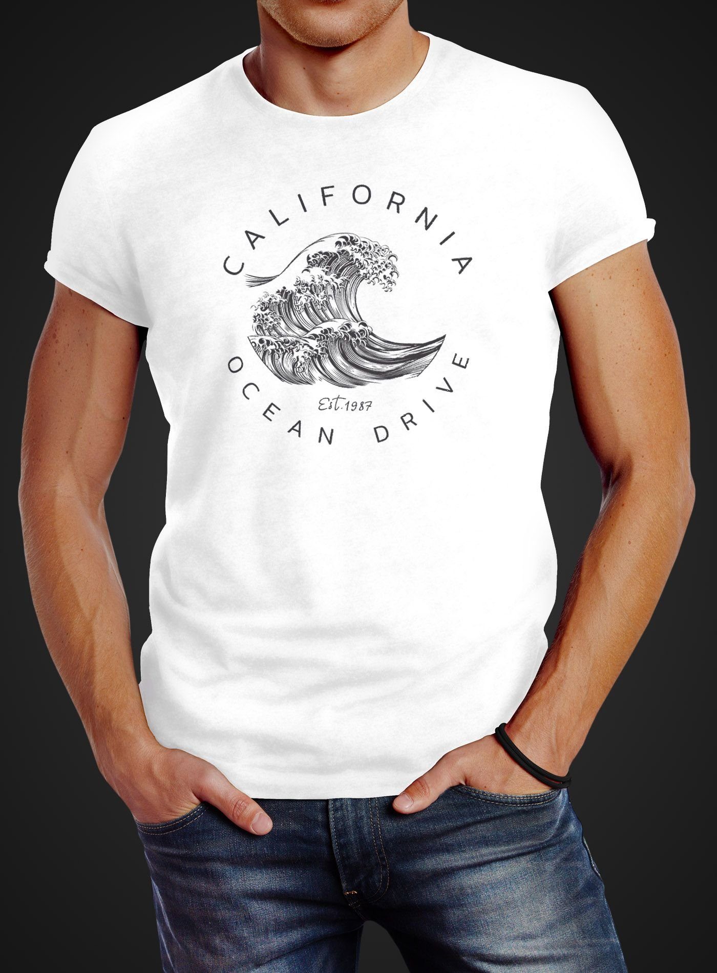 Print-Shirt weiß Wave Neverless® Neverless Fit Welle Drive Summer Surf California T-Shirt Ocean Herren Slim Print mit