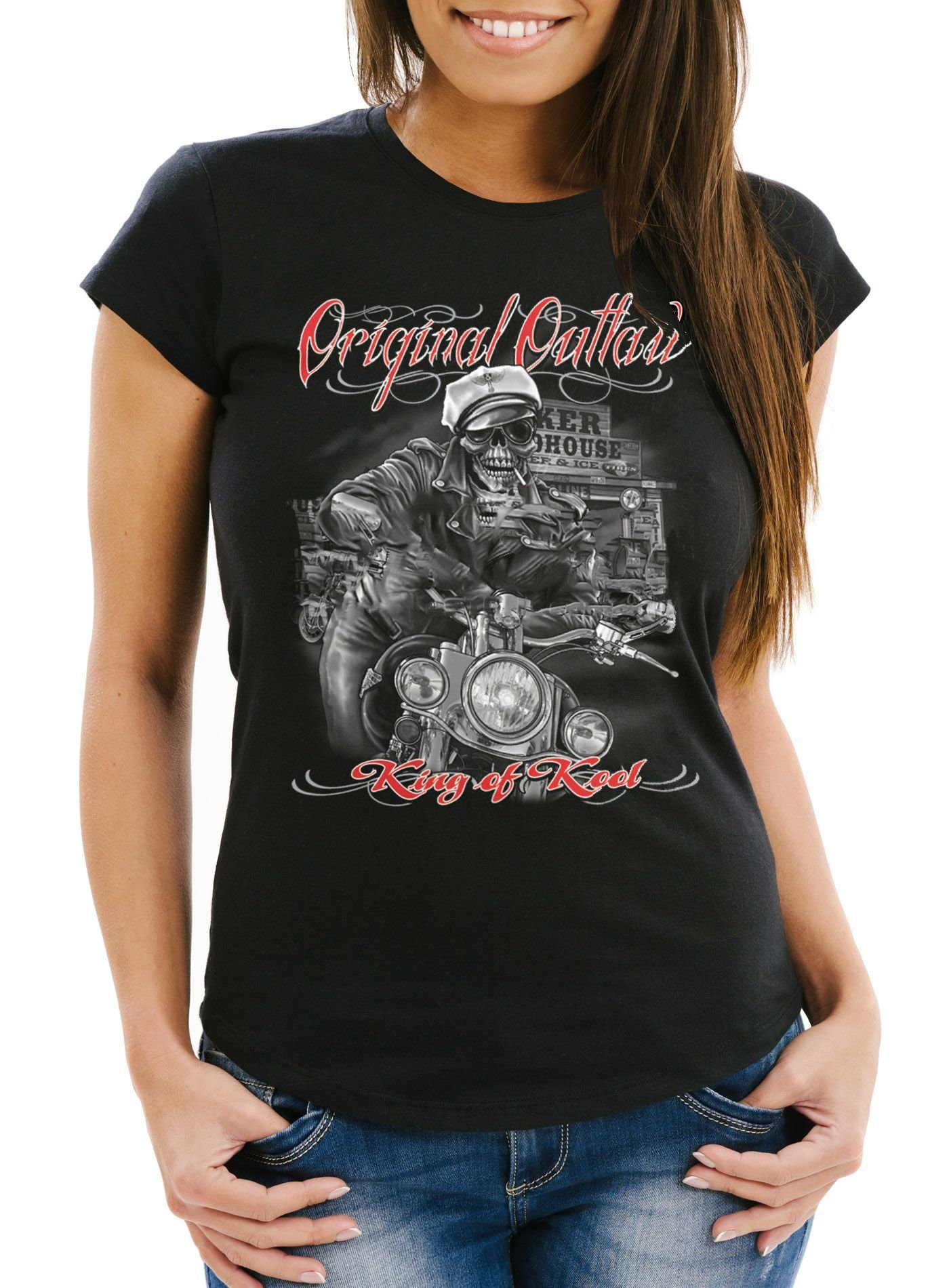 Print-Shirt Damen T-Shirt King Of The Road Motorrad Biker Skelett Rockabilly Slim