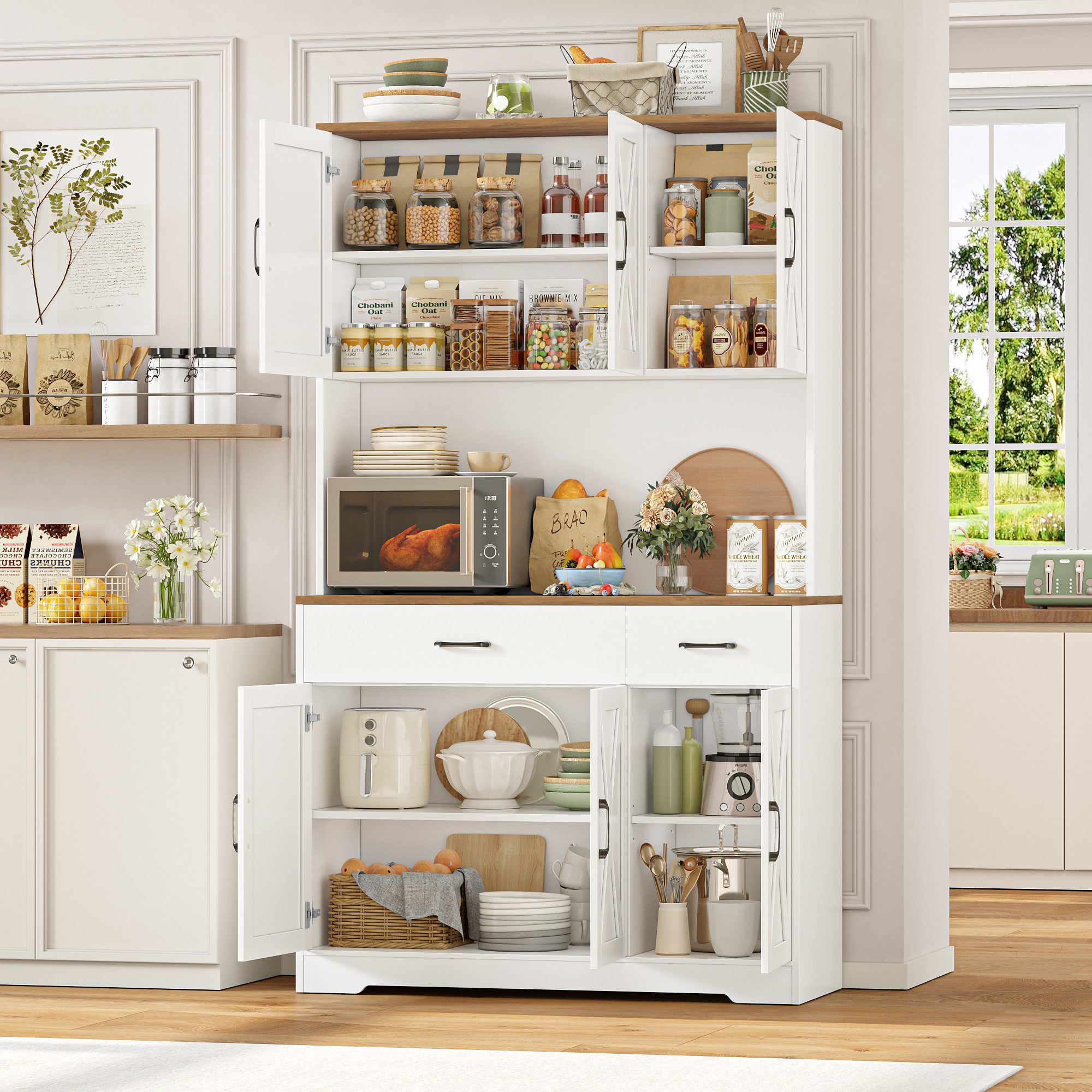 HOMECHO Küchenbuffet Weiß Küchenschrank mit Steckdosen, 6 Türen, 2 Schubladen, 180x105x38cm – Bild 4 von 5