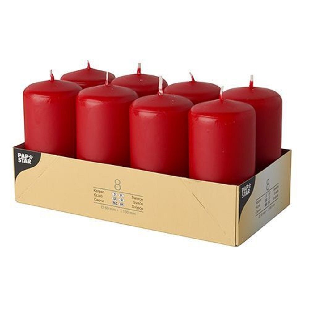 PAPSTAR GmbH Stumpenkerze 8 Stumpenkerzen 5x10cm - rot (Stumpenkerzen, 8er Pack)