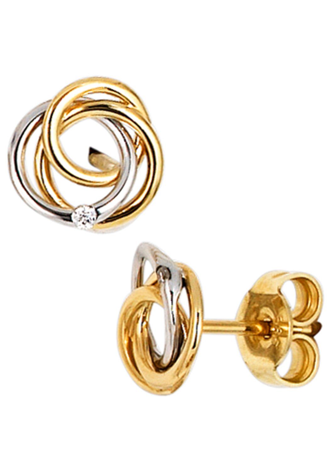 bicolor JOBO Ohrstecker, verschlungener 585 in 2 mit Paar Gold Diamanten, Hochwertige Knoten Form Ohrringe