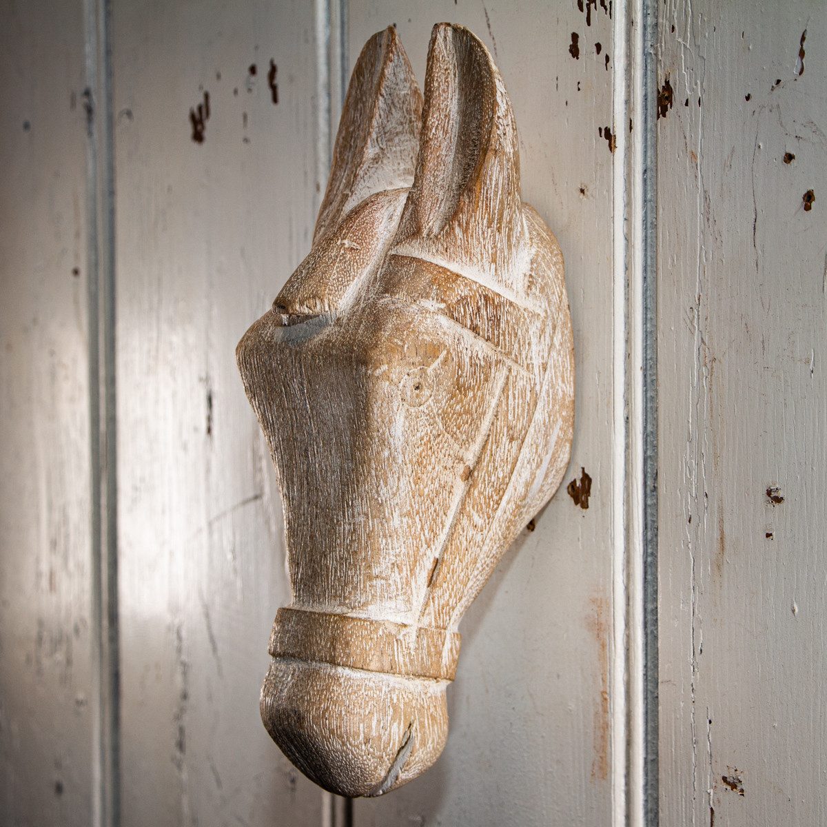Antikas Dekofigur Holzbüste als Wanddekoration, Pferd, Wanddeko, Gekalkt