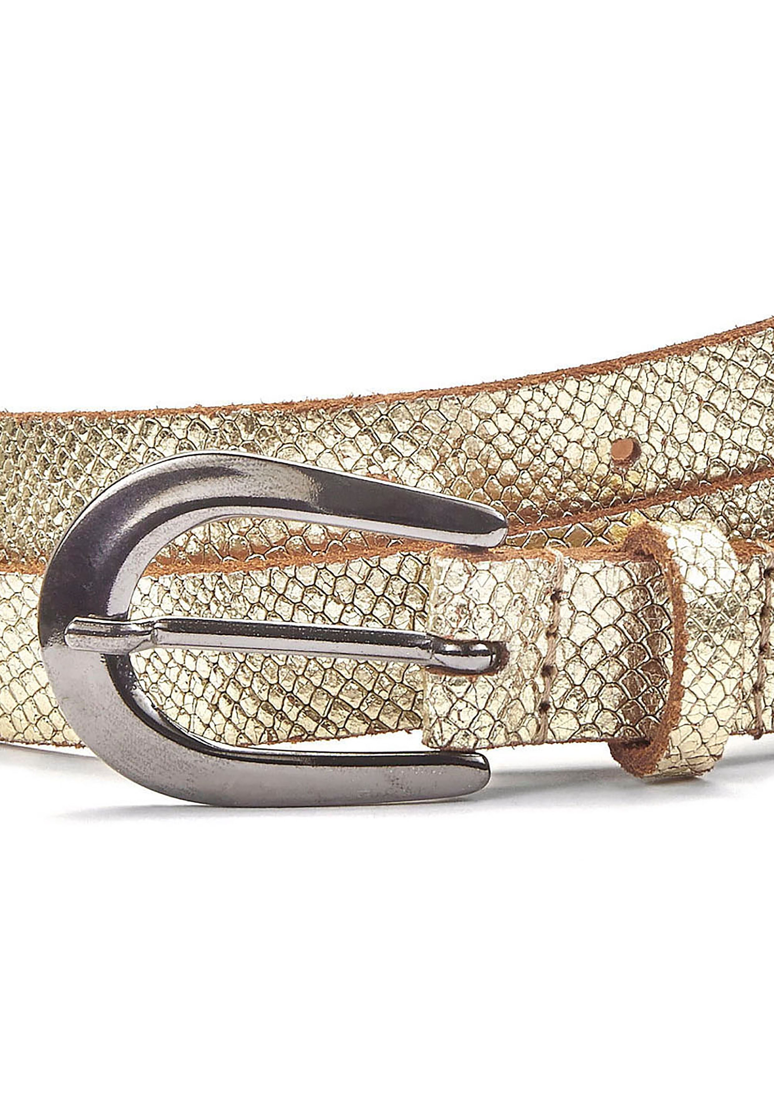 LASCANA Hüftgürtel Ledergürtel, schmaler Gürtel, Anzuggürtel aus Leder in Metallic-Snake-Optik für Hosen, Jeans & Kleider