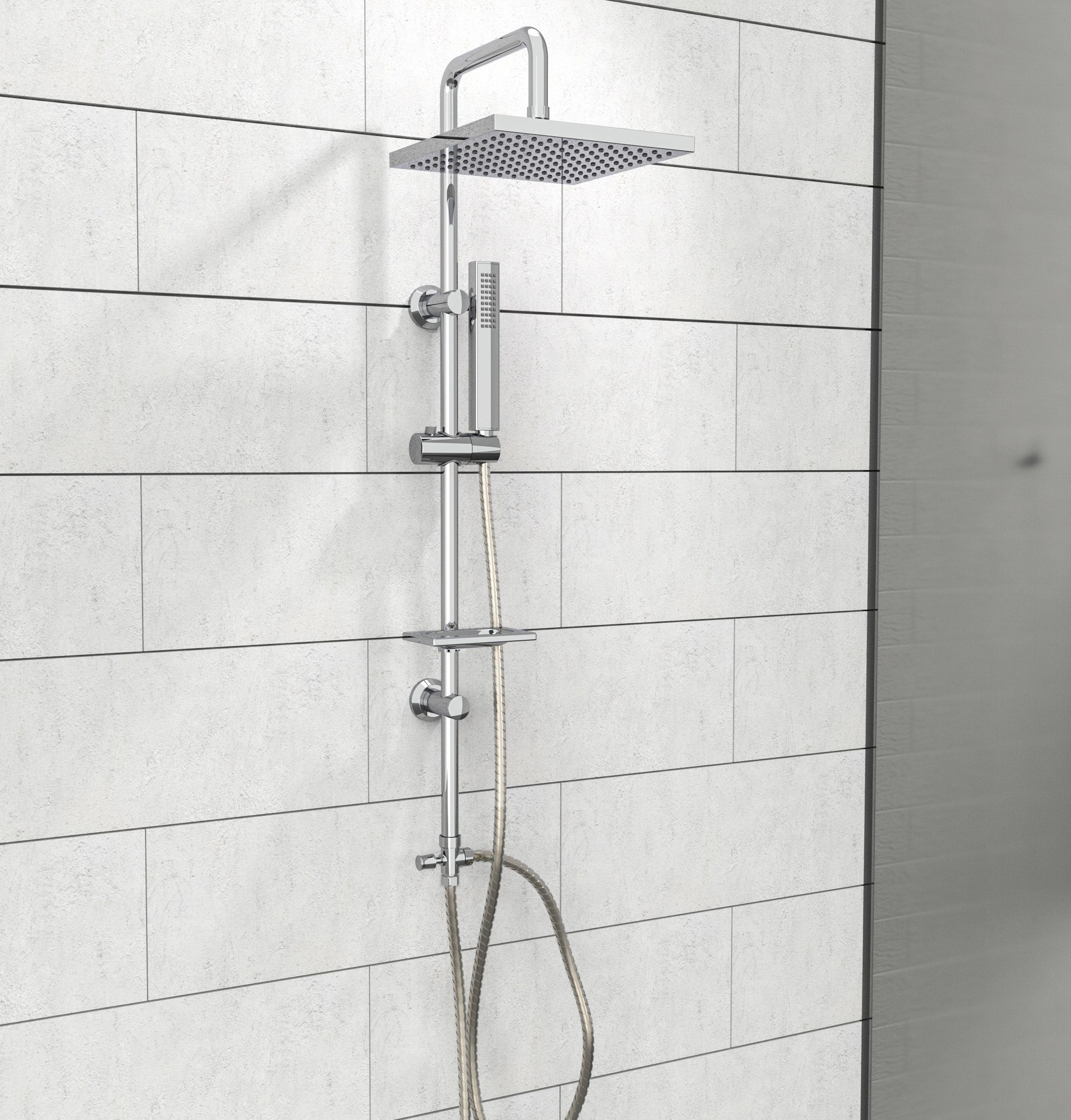 welltime Stangenbrause-Set LINA, Höhe 105 cm, 1 Strahlart(en), Überkopfbrause mit Seifenablage, 20 cm Kantenlänge.