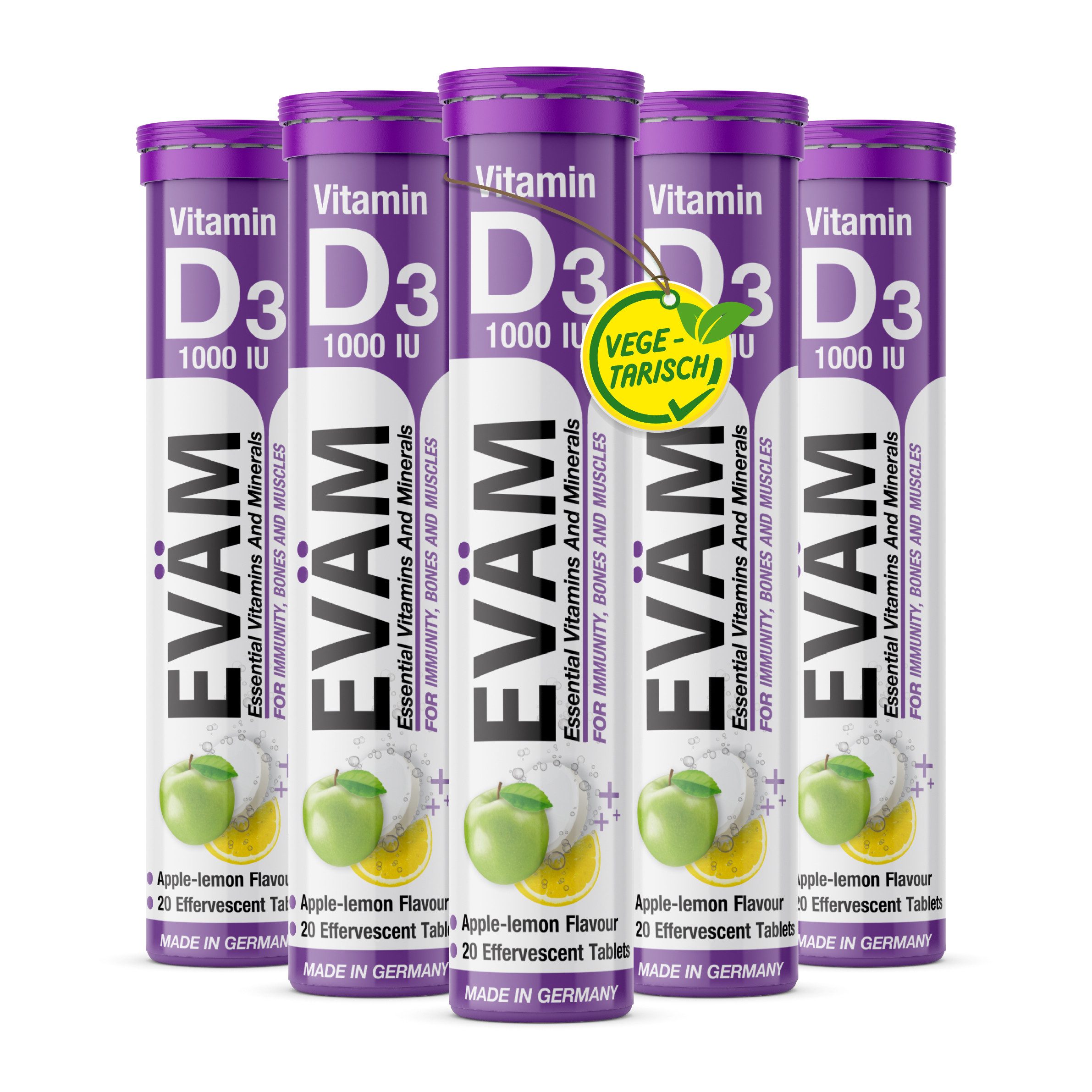 EVÄM EVÄM Vitamin D3 Brausetabletten Geschmack Apfel Brausetabletten, Set aus Röhrchen à 20,00 St., 410 g 20000 ml, Inhalt in ml ist die Gesamtmenge aufgelöst nach Dosierungsempfehlung
