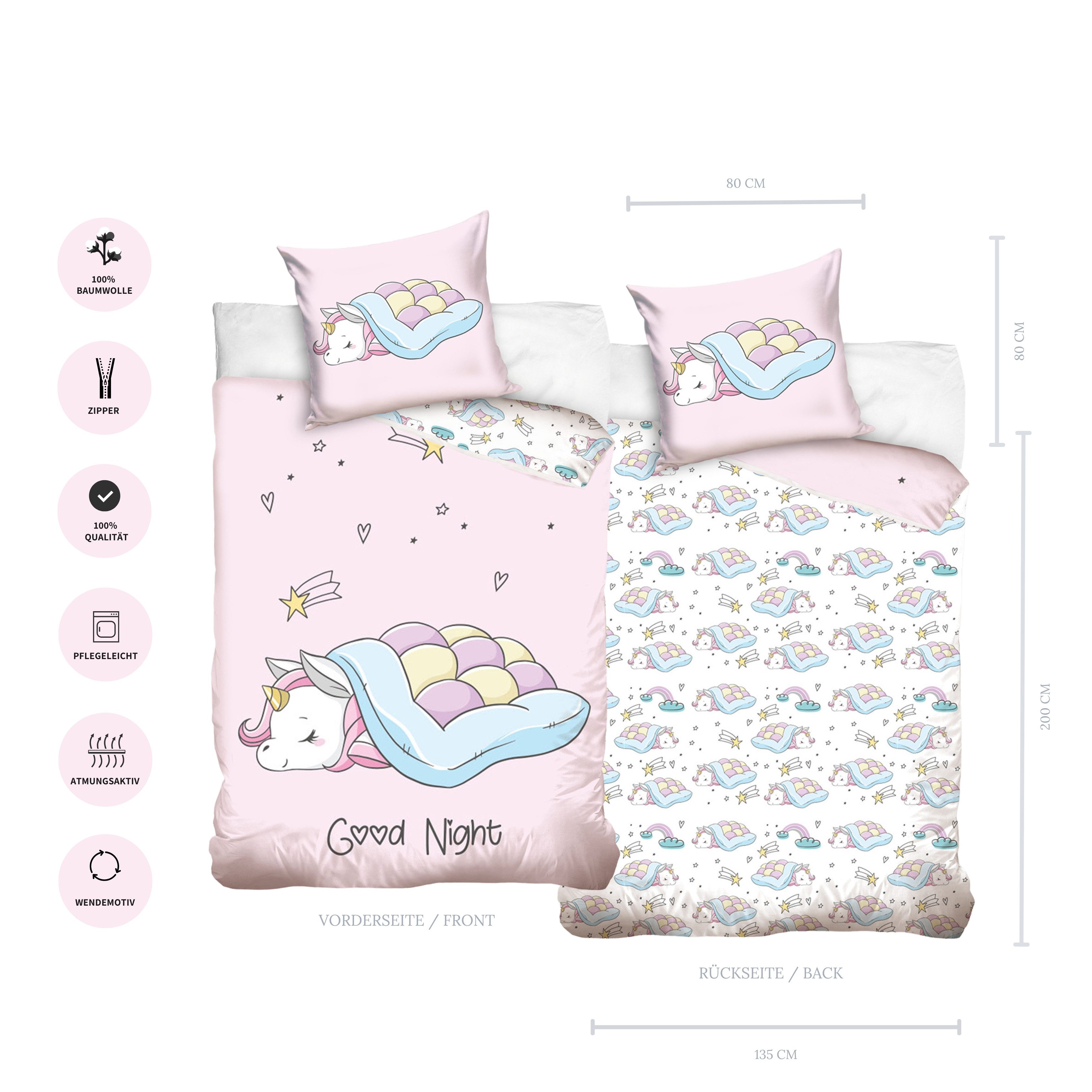 MTOnlinehandel Kinderbettwäsche Einhorn 135x200 + 80x80 cm, 100 % Baumwolle, Renforcé, 2 teilig, hautfreundlich mit Reißverschluss, Mädchen-Bettwäsche, Teenager