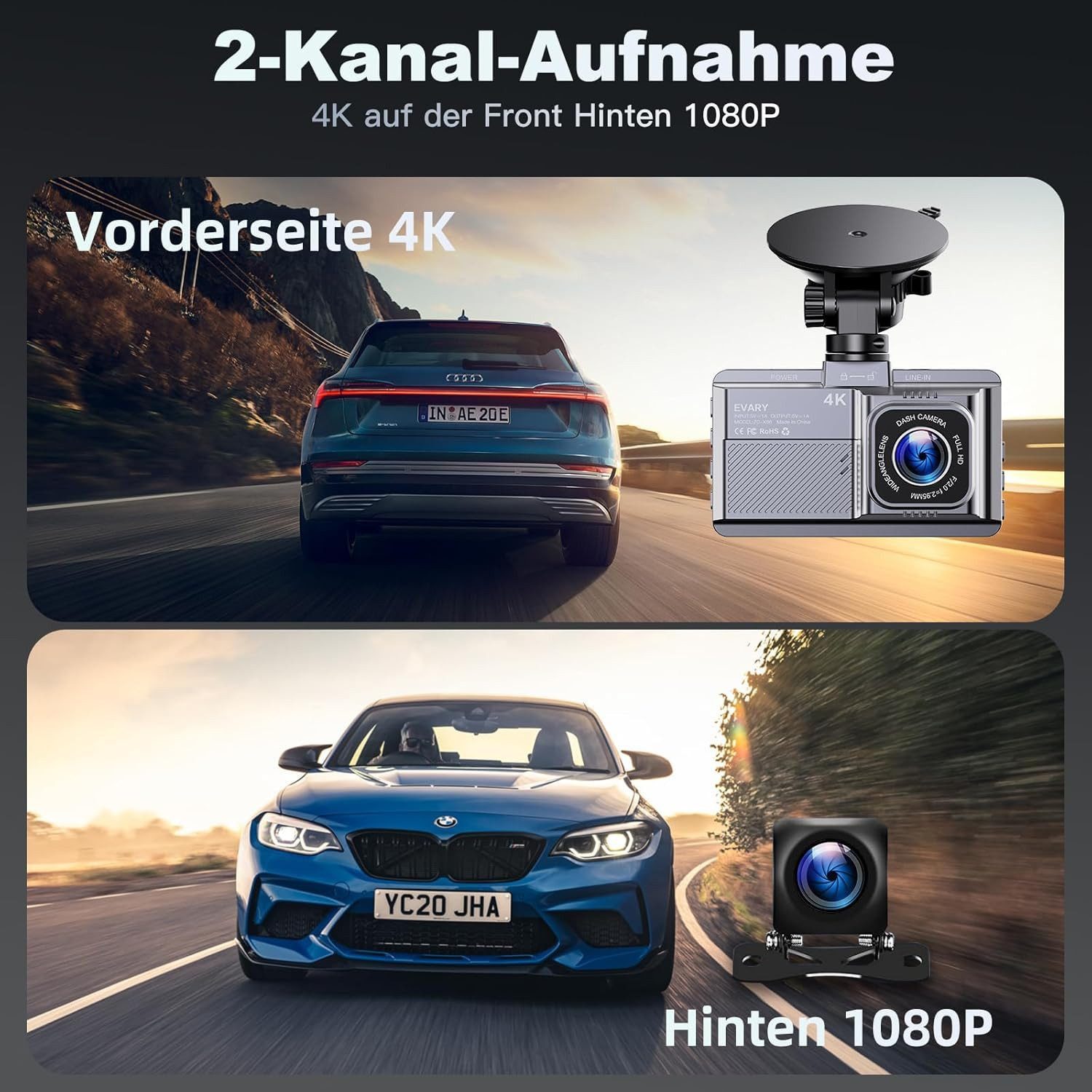 Evary Auto 4K vorne hinten mit GPS WLAN Rückfahrkamera App Dashcam (4K UHD, Wi-Fi 5 GHz, 1x Dashcam vorne, 1x Dashcam hinten, 64 GB SD-Karte inklusive, G-Sensor, GPS-Tracking, Wi-Fi 5 GHz, Front- und Heckkamera)