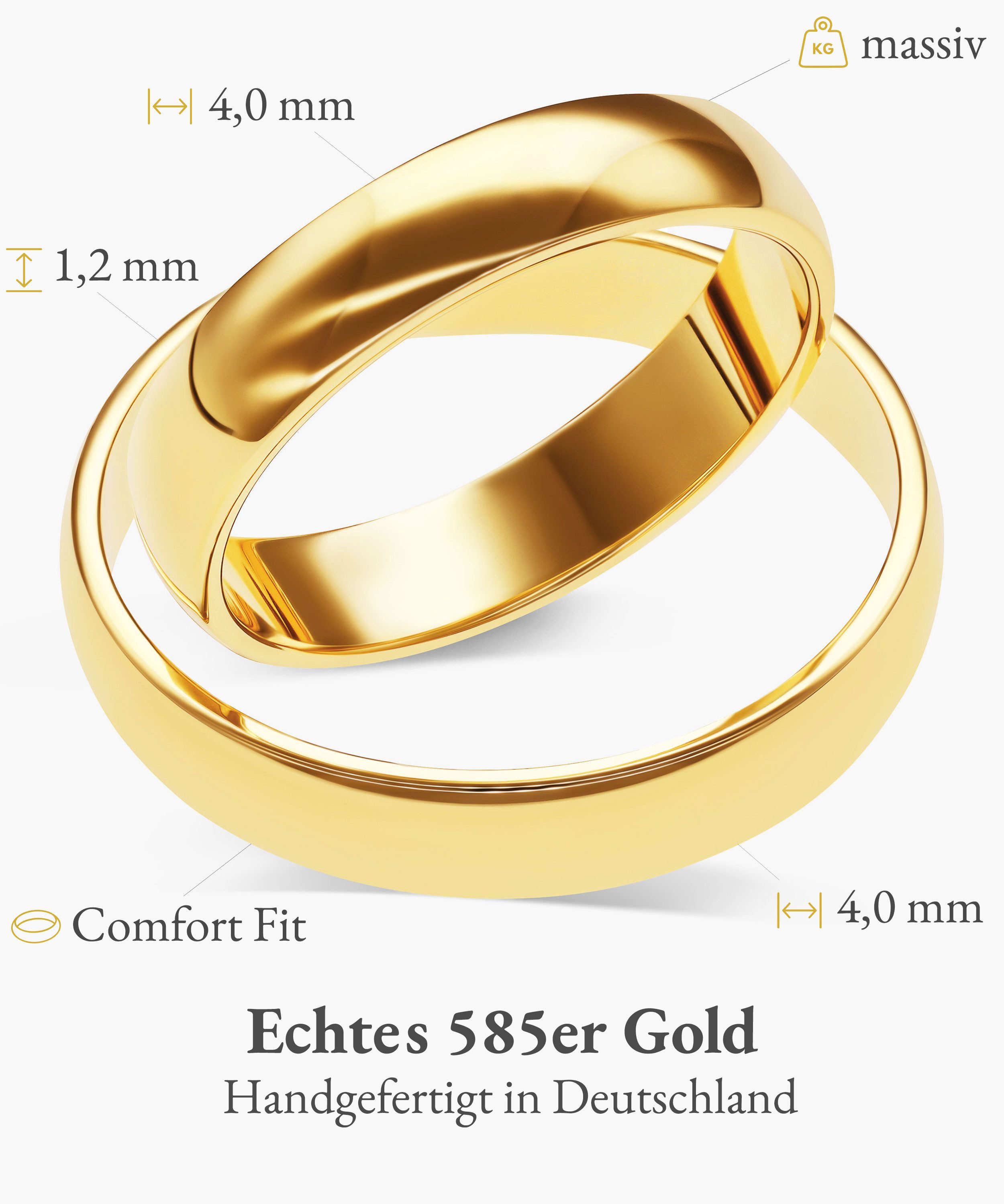 mosa & co. Trauring mit Gravur Classic Gold 585 mit 4mm Breite im Paarpreis (Eheringe, 2-tlg., 2 Trauringe), Hochzeitsringe Verlobungsringe Partnerringe