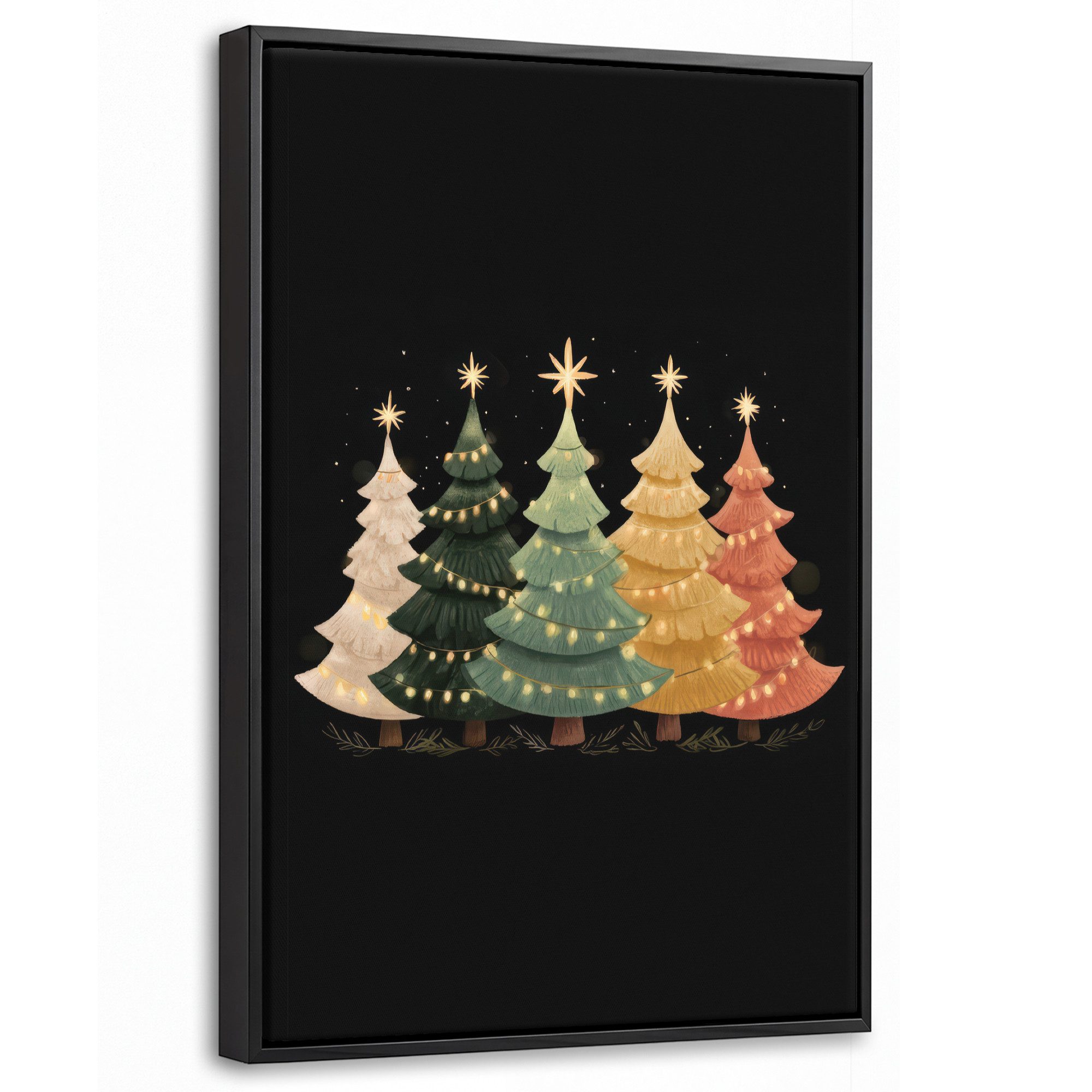 OneMillionCanvasses® Leinwandbild mit Rahmen - Weihnachtsbäume - Bunt - Lichter - Stern, Fotodruck (1 St), Deko für Wohnzimmer Schlafzimmer Küche 20x30cm