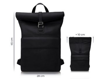 PURE Leather Studio Laptoprucksack Rucksack POLIS Midnight Black, Echtleder Rolltop Backpack Lederrucksack für Notebooks bis 15,6 Zoll