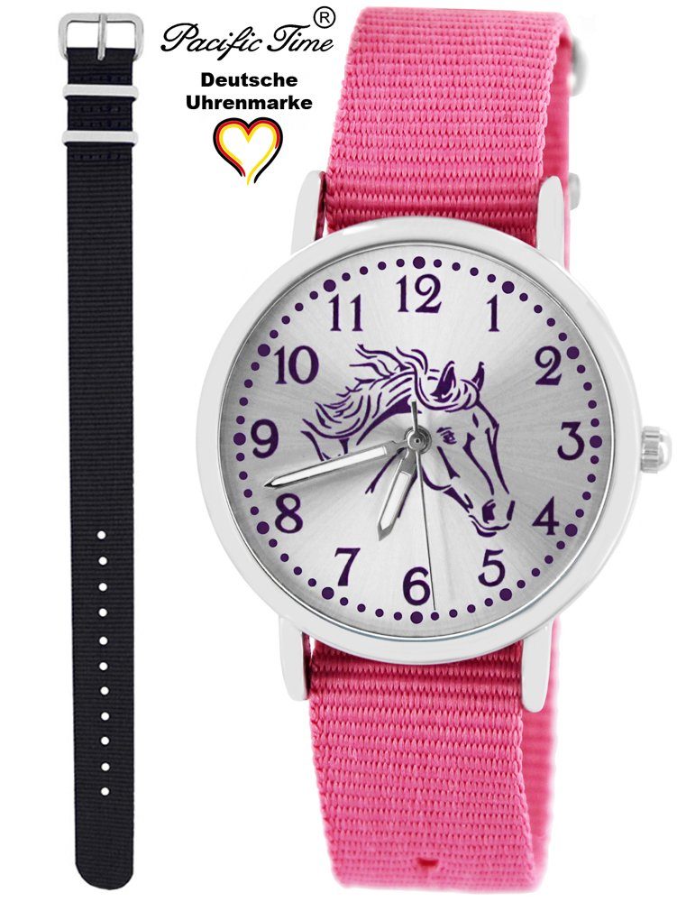 Kinder Match und Quarzuhr Gratis schwarz violett Armbanduhr Set Mix Pferd - Wechselarmband, Time Design rosa Pacific Versand und