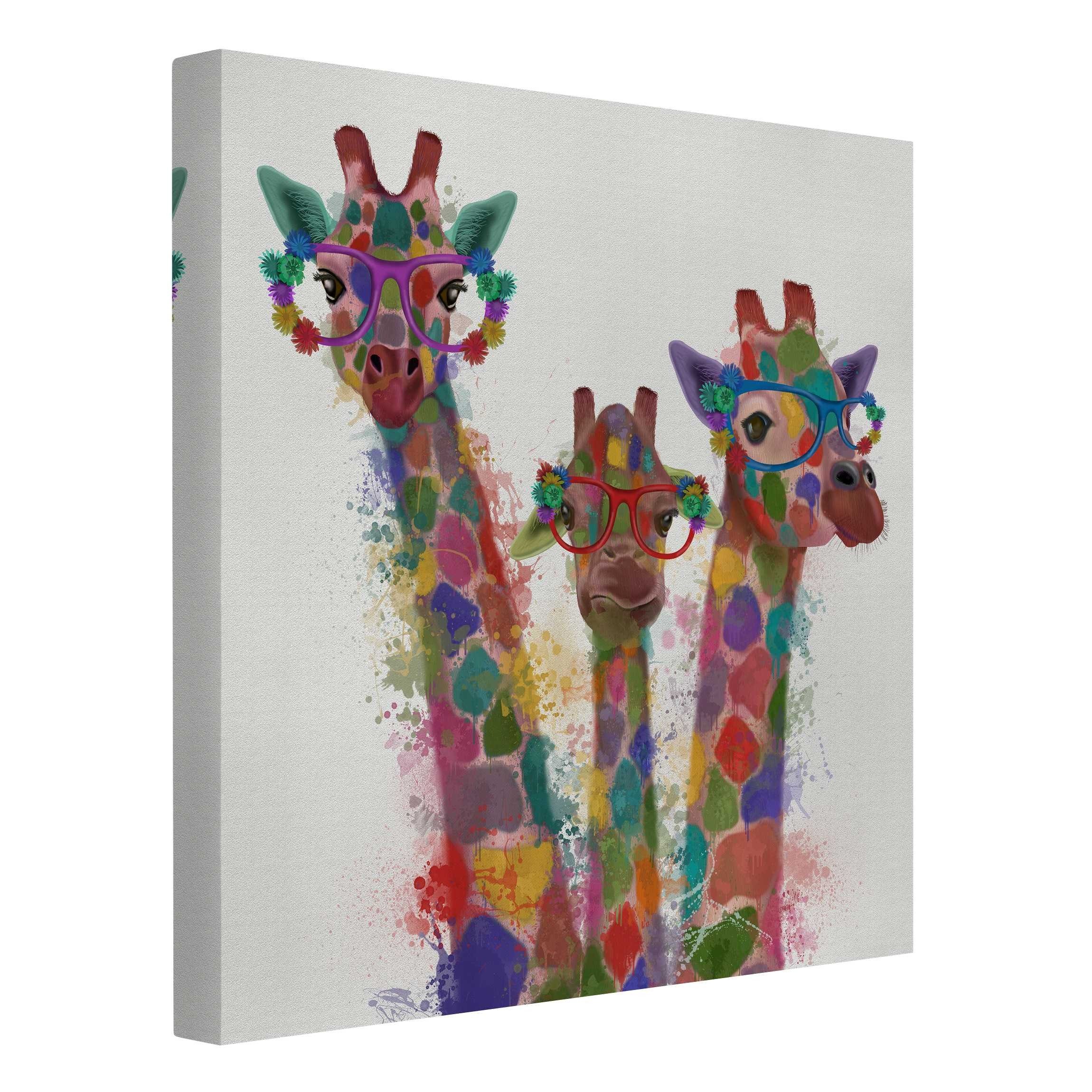 Leinwandbild Kinderbild Tiere Brille Regenbogen Giraffen bunt Bild auf Leinwand XXL