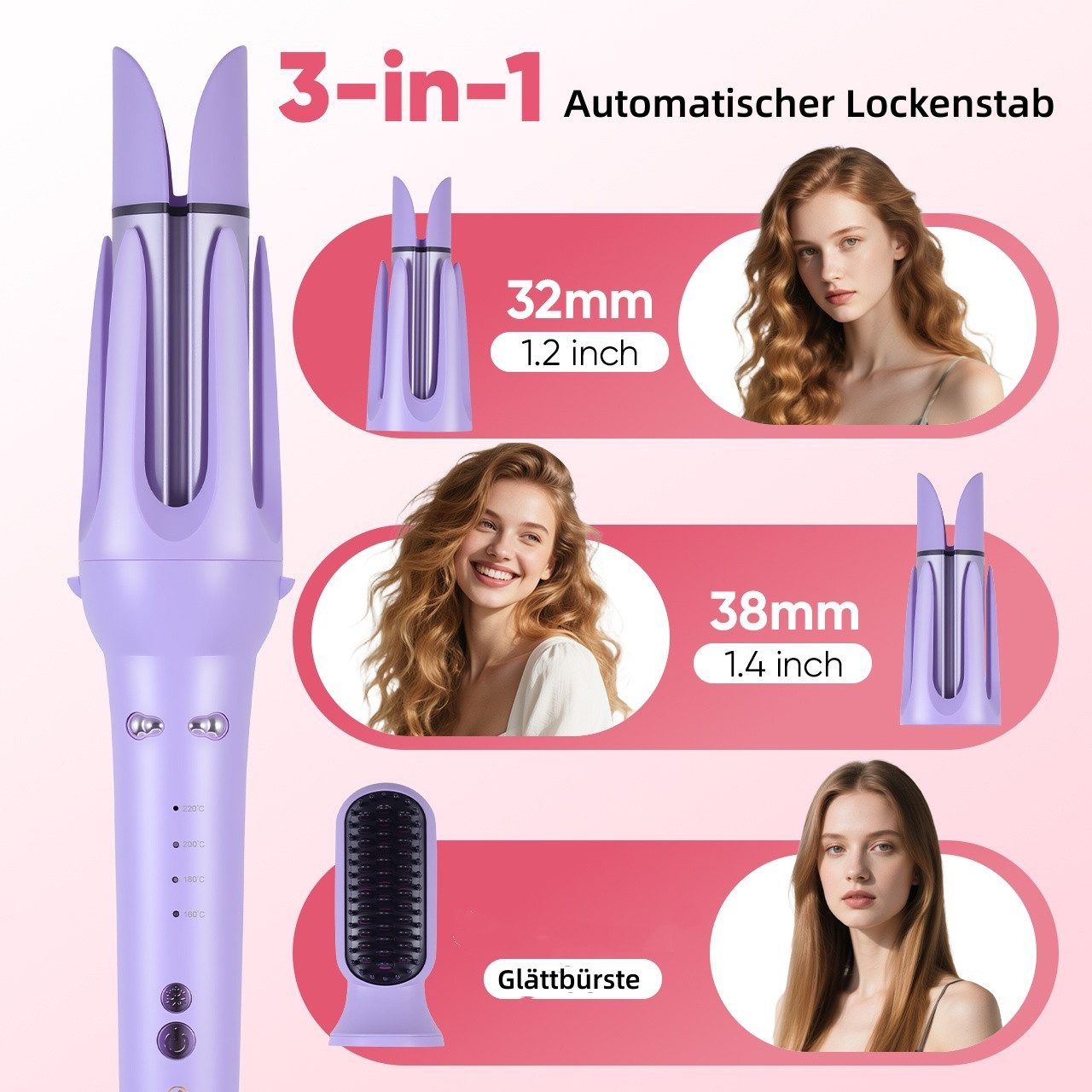 HATTEKER Lockenstab HT-139, 3-in-1 Multihaarstyler,32mm Lockenstab Automatisch, 36mm Lockenstab Große Locken,Haarglättungskamm,160 °C - 220 °C