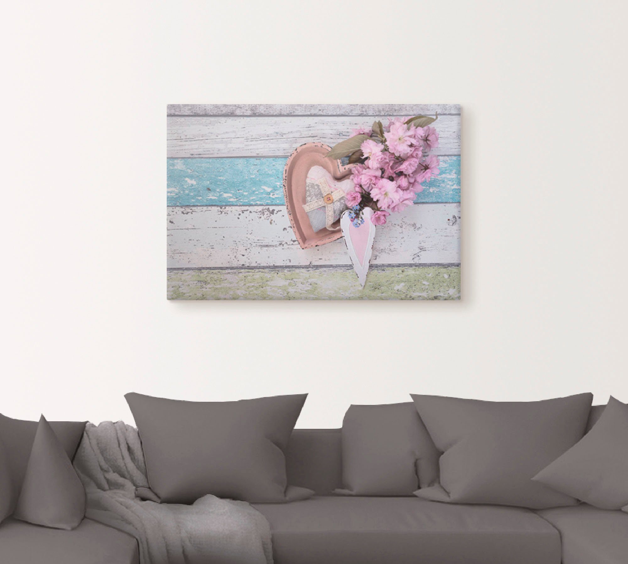 Artland Leinwandbild Stillleben mit Kirschblüten und Herzen, Arrangements (1 St), auf Holzrahmen gespannt