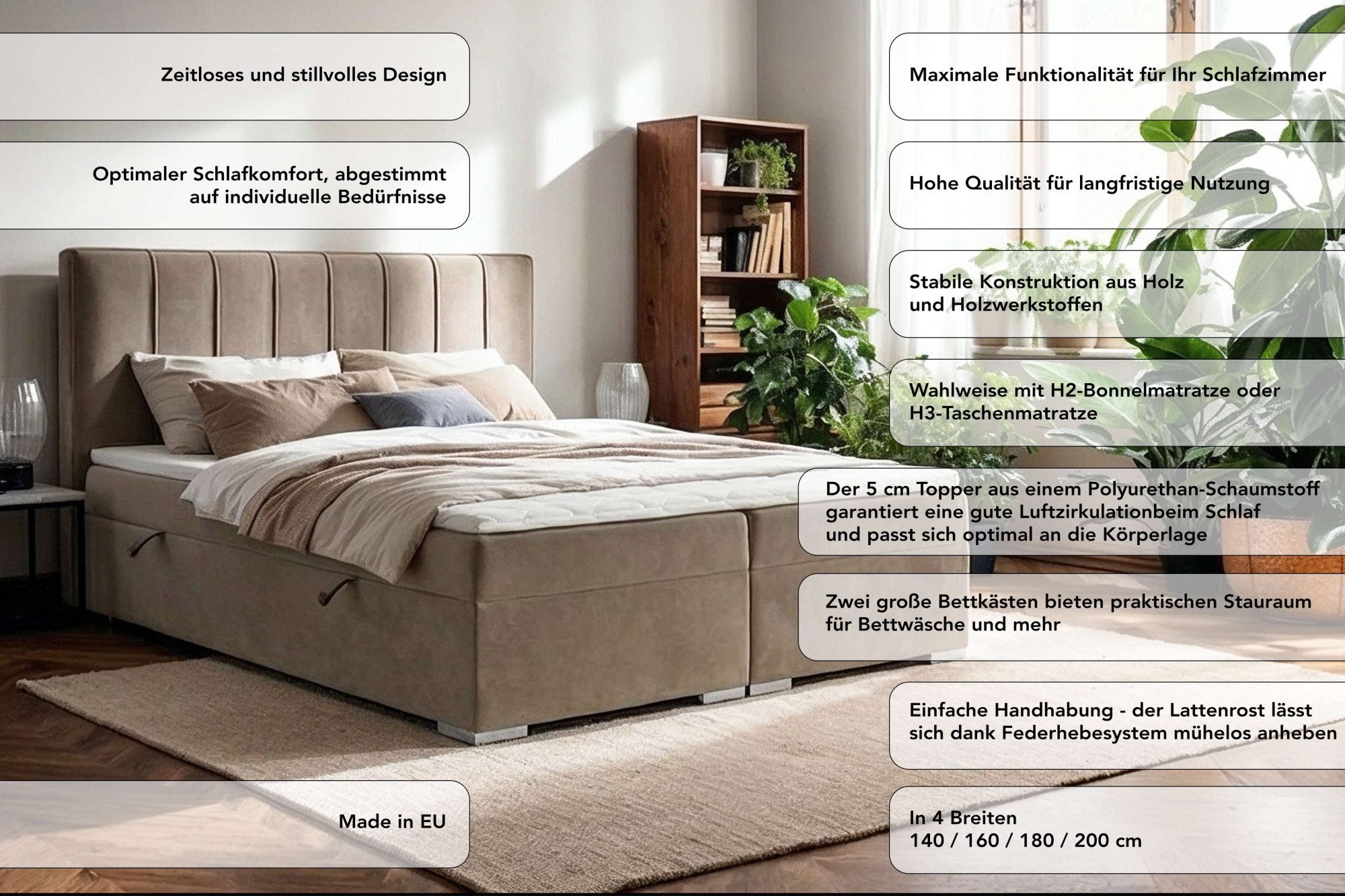 Home affaire Boxbett GALLIPOL mit Bettkästen, Matratze und Topper, Breite 140/160/180/200cm (Doppelbet mit Kopfteil), Stauraumbett mit Bonnell- oder Taschenfederkernmatratze (H2, H3)