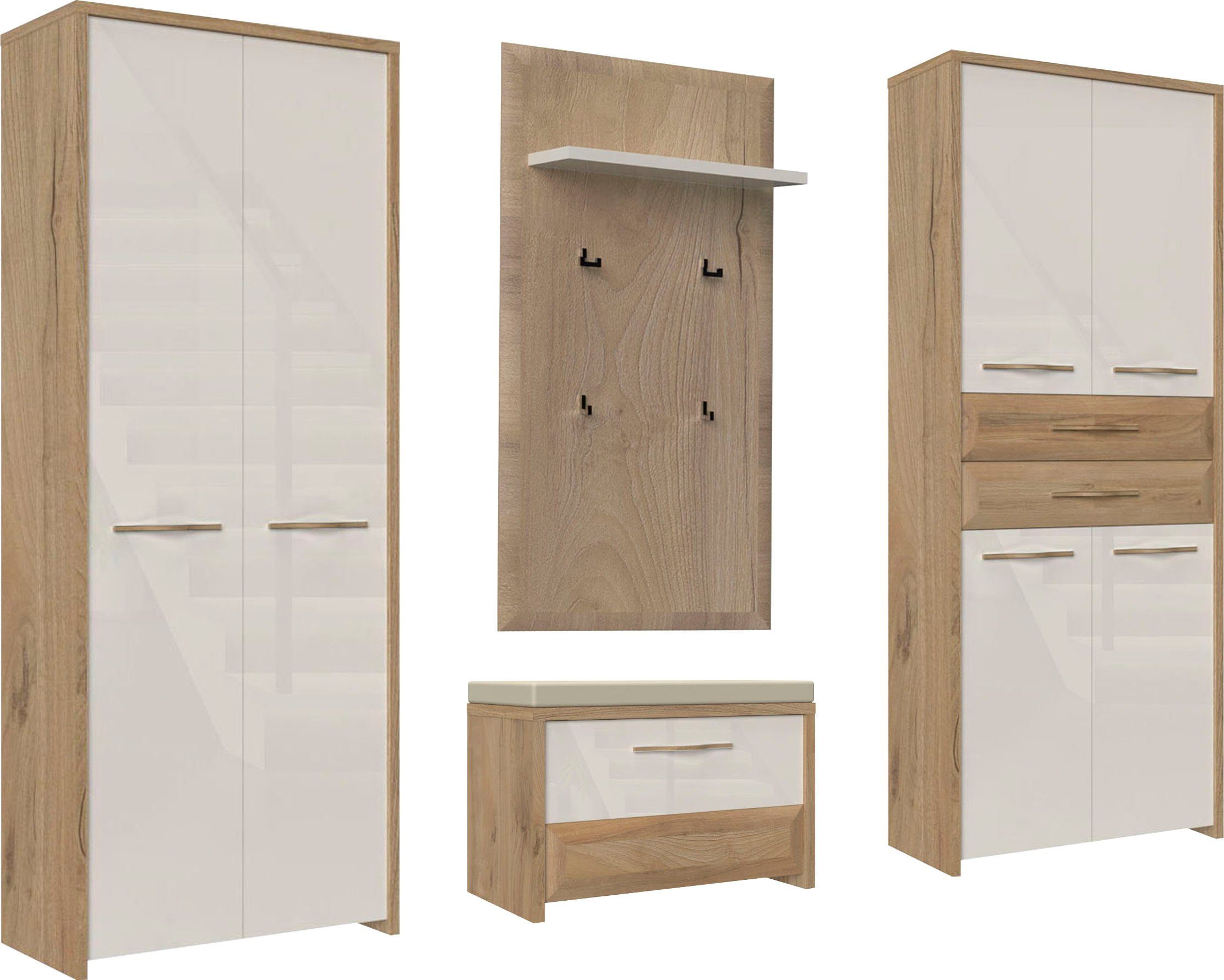 OTTO home Garderoben-Set Gala, (Set, 4-St., zwei Garderobenschränke, eine Schuhbank und ein Garderobenpaneel), Soft-Close Funktion, Hochglanz UV lackiert