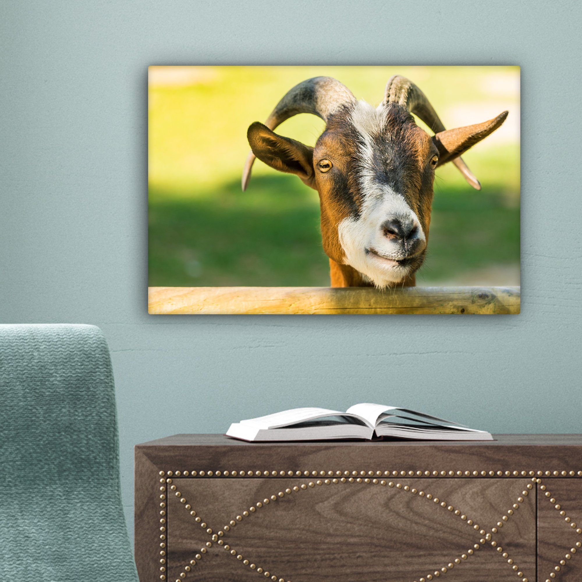 (1 30x20 OneMillionCanvasses® Horn, - - - Ziege St), Wandbild Tiere Wanddeko, Aufhängefertig, Leinwandbild Leinwandbilder, cm Zaun