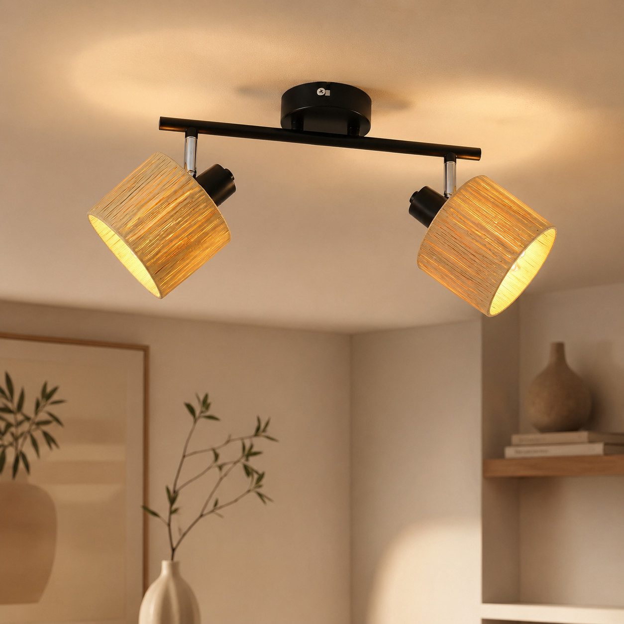 ZMH Deckenstrahler 2/3/4/5 Flammig E14 Schwarz Natürlich Deckenlampe Papier Wohnzimmer, Einfache Installation, ohne Leuchtmittel, 350°Schwenkbar Deckenspots für Schlafzimmer Flur