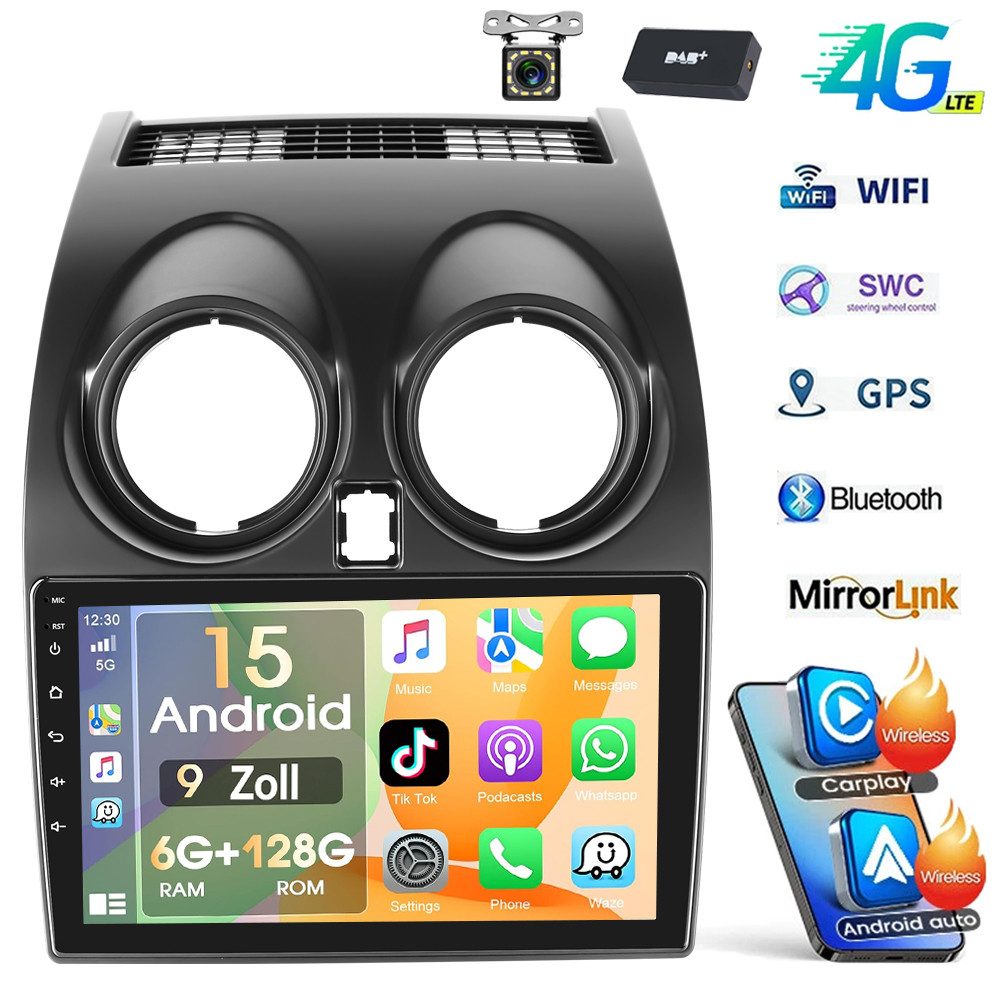 ESSGOO 6+128G Autoradio Android15 Für Nissan Qashqai J10 2007-2016 Carplay BT Autoradio (6GB+128GB, RDS, 4G, FM, GPS, DAB+ (optional), WIFI, Carplay Android Auto Bluetooth EQ USB GPS Navi WIFI Touchscreen)