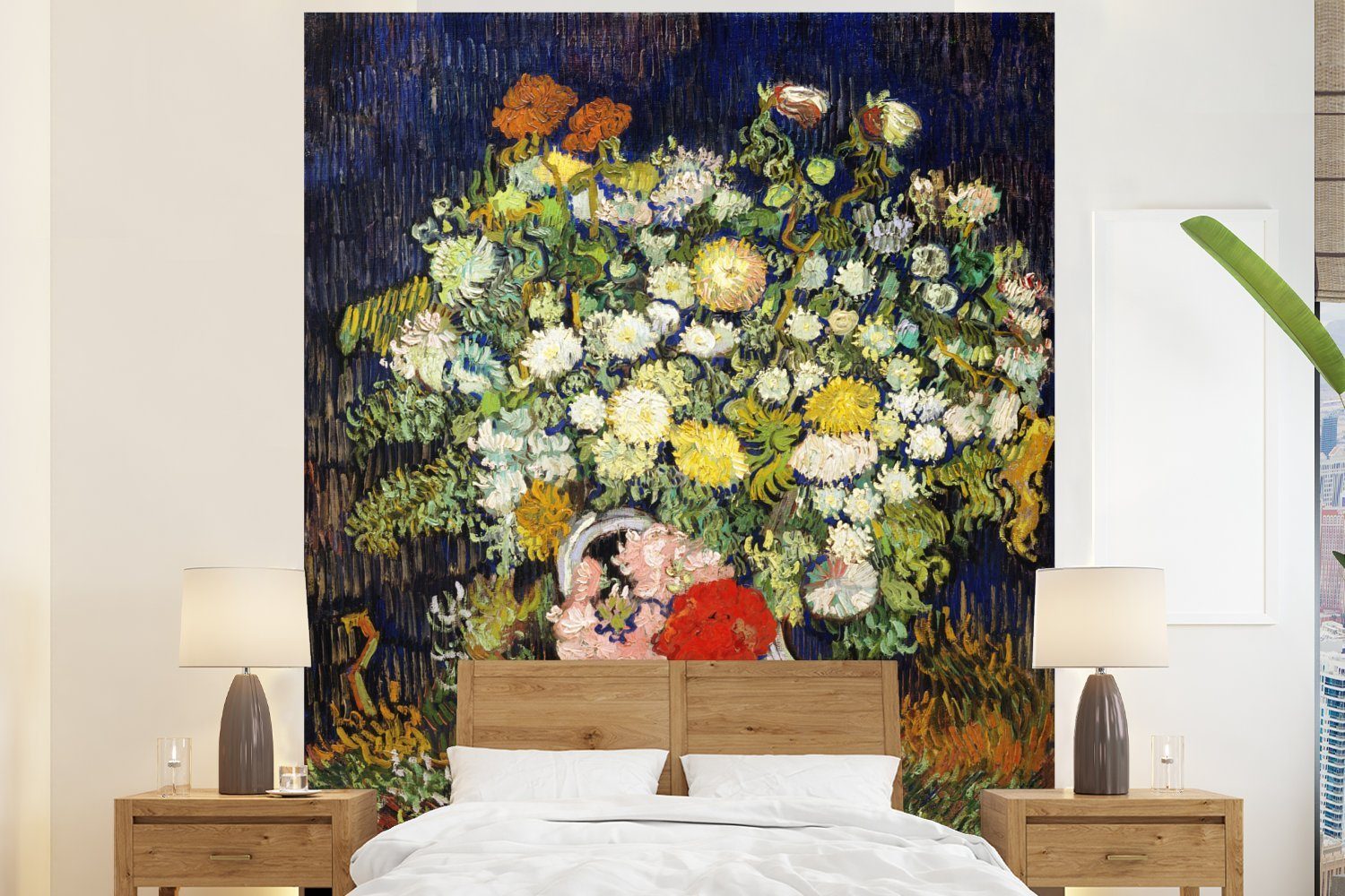 van bedruckt, in Wohnzimmer MuchoWow Fototapete Gogh, Vase Fototapete (3 Küche, Blumenstrauß Matt, Schlafzimmer - Vliestapete Vincent für einer St),