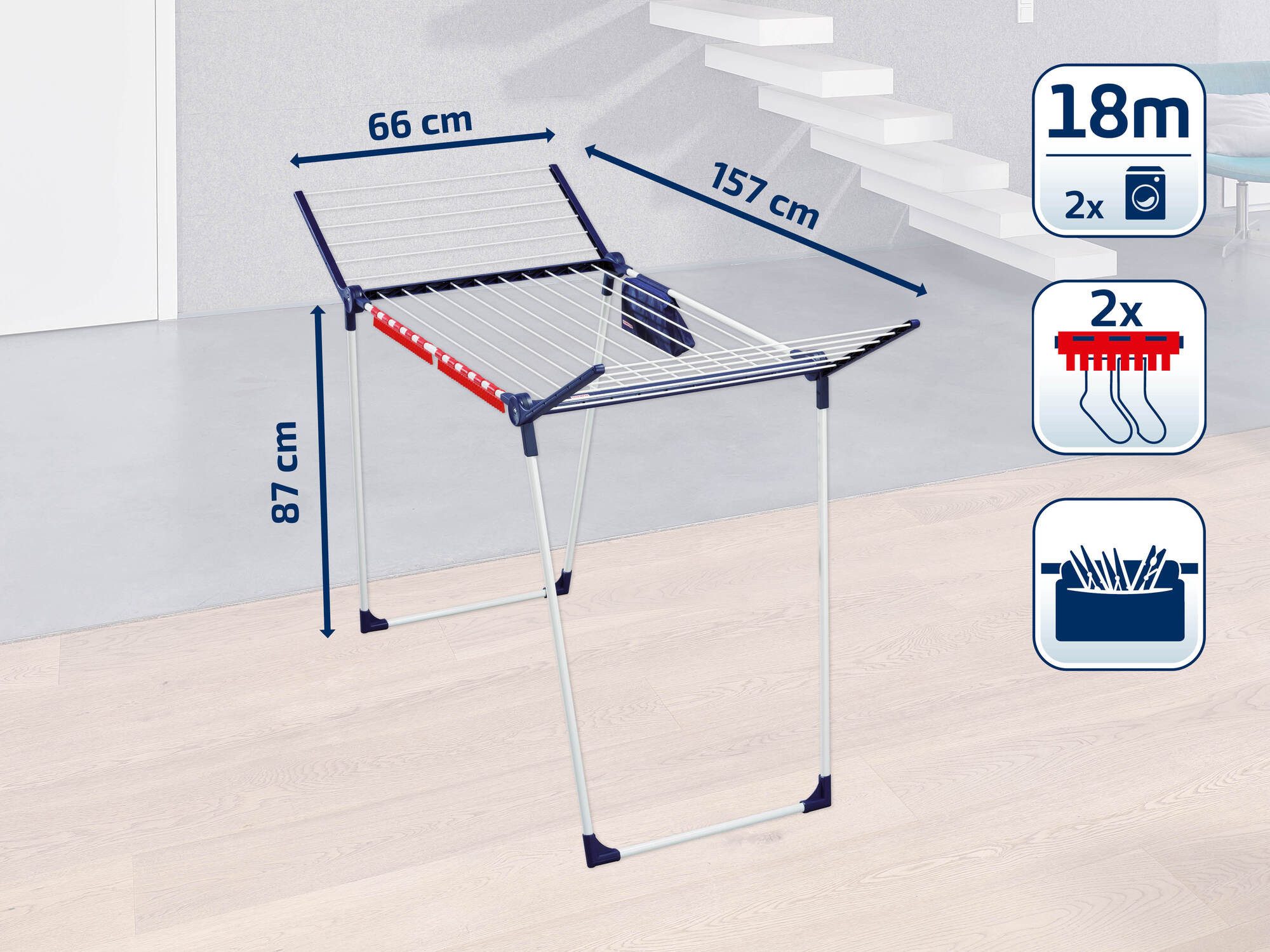 Leifheit Wäscheständer Standtrockner Pegasus Family Plus 18m, 18m Trockenlänge, 105cm Flügelhöhe, Kleinteilehalter, zusammenklappbar – Bild 5 von 5