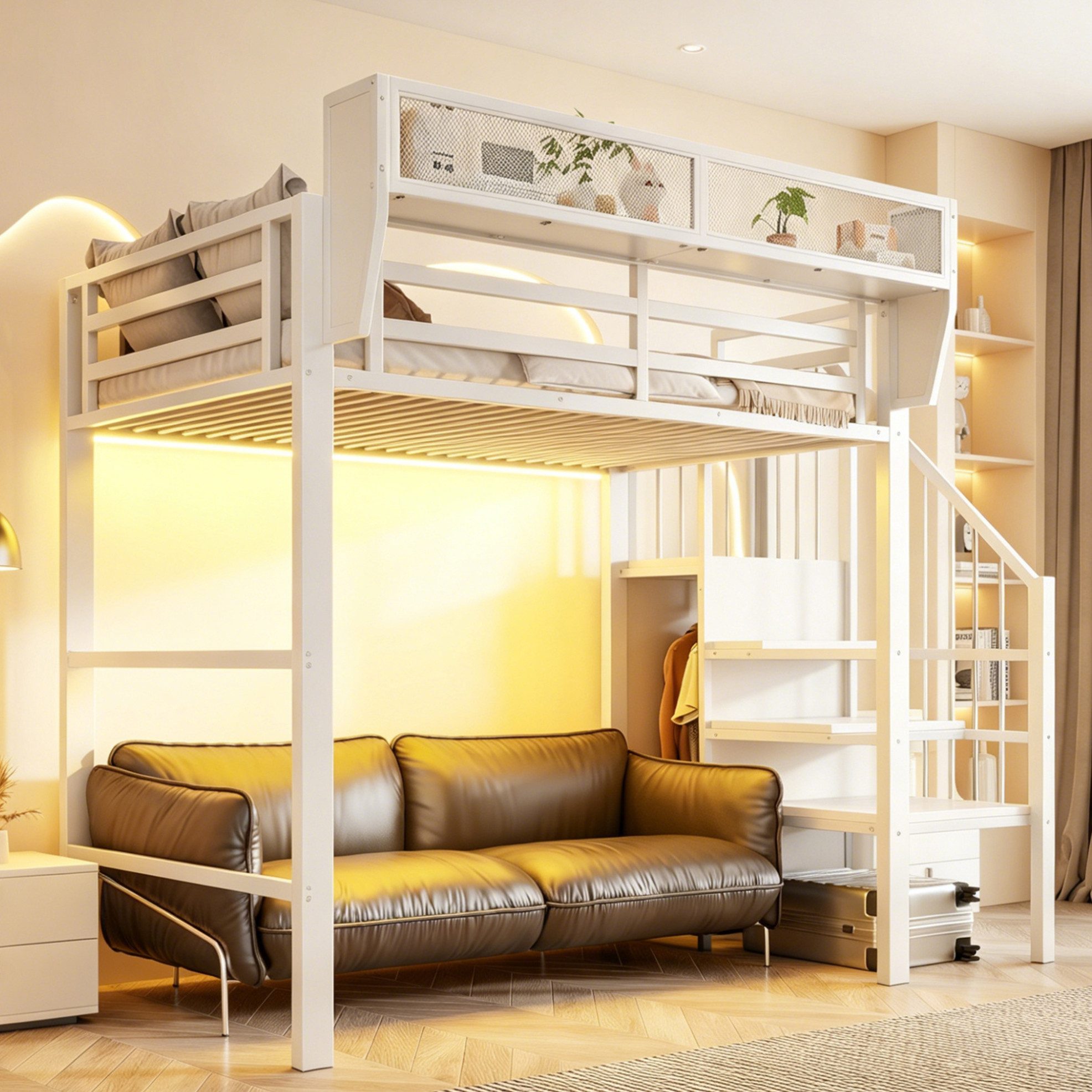 MODFU Hochbett mit variablem Staufach und Sicherheitsleiter, Metallbett (Kinderbett 90x200 cm für Kinderzimmer, Studentenwohnheim und kleine Räume, Jugendbett) ohne Matratze