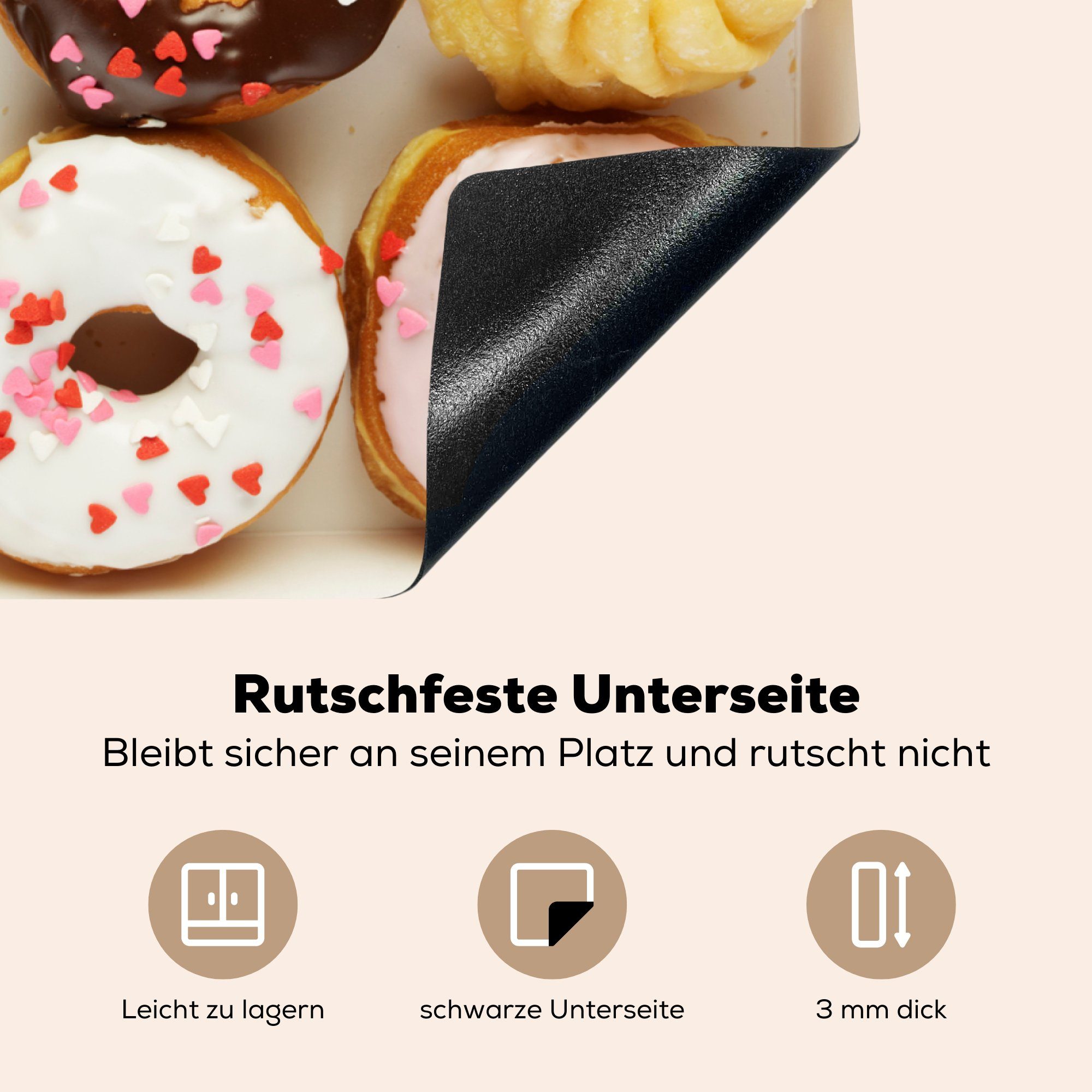 einer Schachtel, MuchoWow (1 in Fastfood-Donuts 70x52 Ceranfeldabdeckung cm, Herdblende-/Abdeckplatte Mobile Vinyl, tlg), nutzbar, Arbeitsfläche