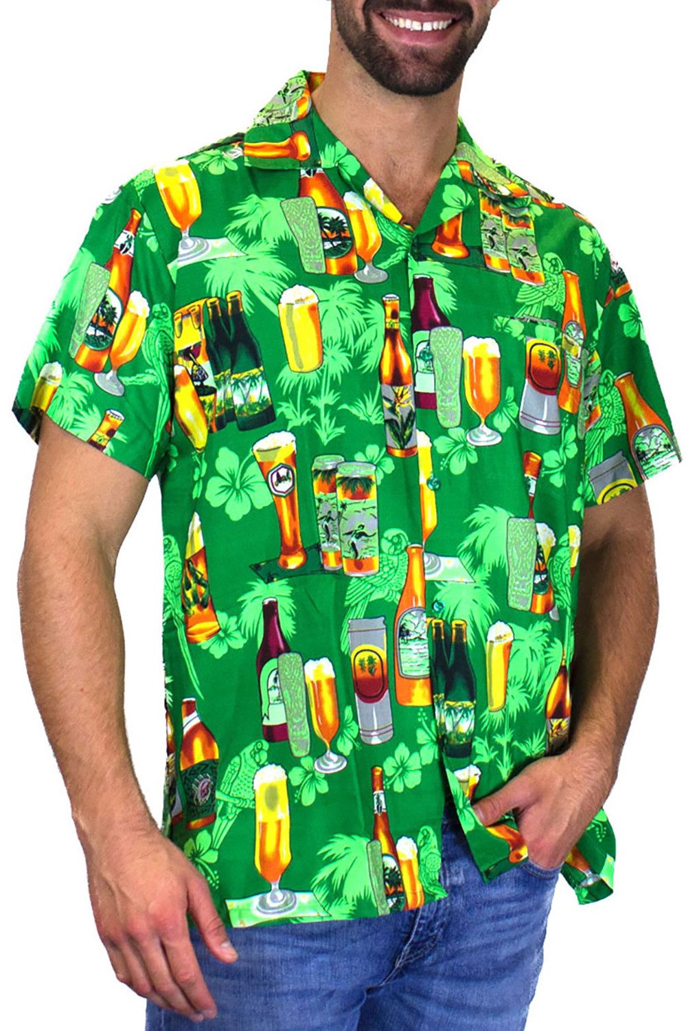 King Kameha Hawaiihemd Beerbottle Funky Hawaii-Hemd Herren Kurzarm Front-Tasche Stylish