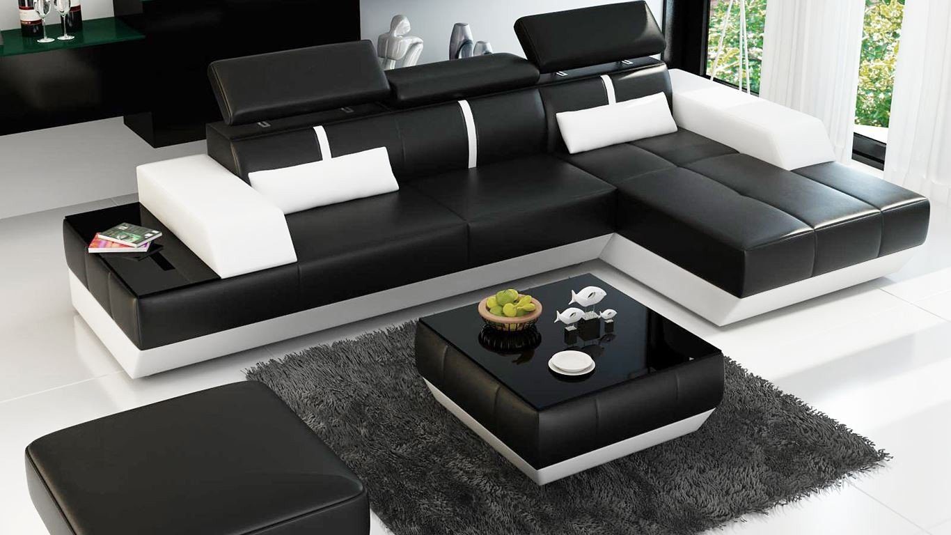 JVmoebel Ecksofa Moderne Form Multifunktion Sofa + Ecke Sitz Hocker Schwarz/Weiß Polster L Couch
