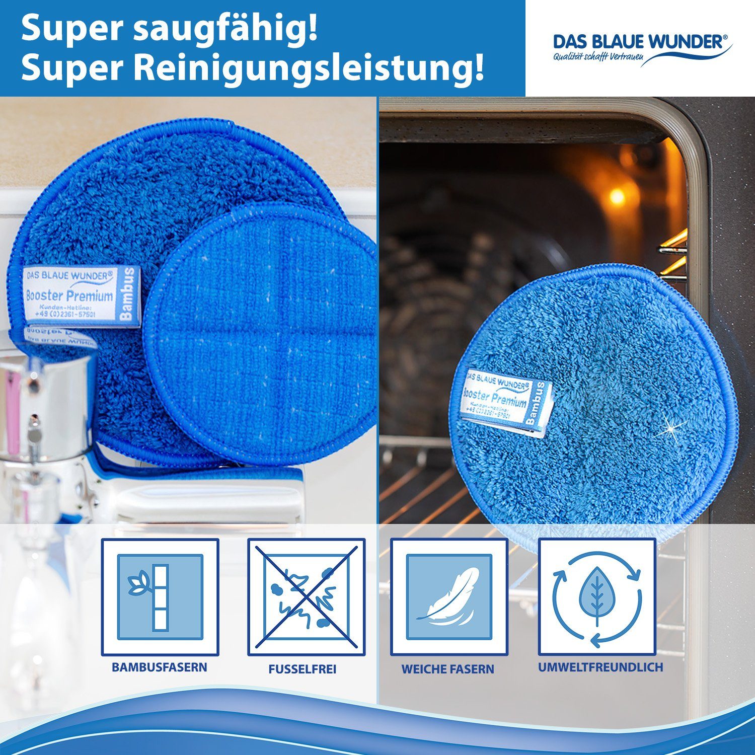 (6-tlg., Booster Das Allrounder, & Bunt, Premium saugstarke Fugenschwamm Reinigungspad Reinigungstücher Wunder® Bambusfasern) Set Blaue