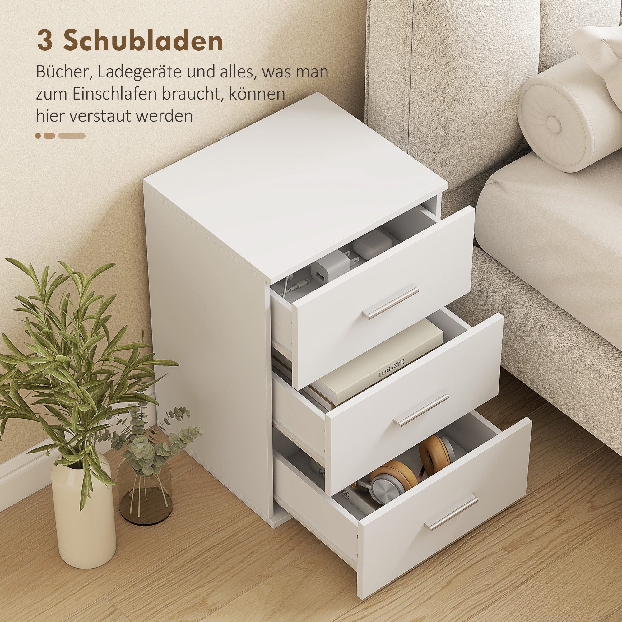 HOMCOM Nachttisch Beistelltisch mit 3 Schubladen, Sofatisch, Schubladenschrank (Nachtschrank, 1-St., Nachtkästchen), für Schlafzimmer, Wohnzimmer, 40 x 35 x 60  – Bild 4 von 5