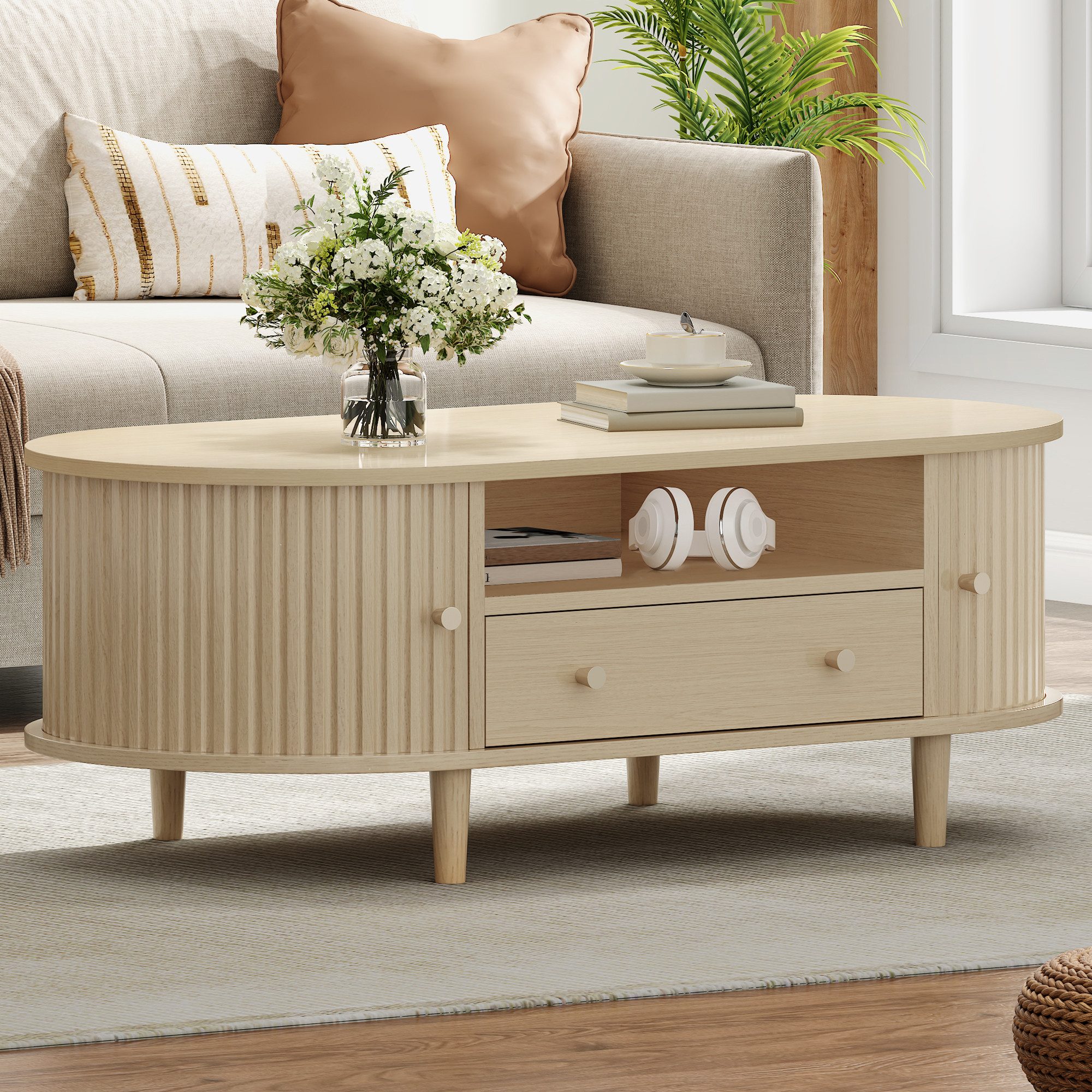 Merax Couchtisch Ovaler Kaffeetisch Sofatisch Beistelltisch (1-St), Wohnzimmertisch mit Schublade,Rolltüren & offenem Stauraum,100x50x36cm