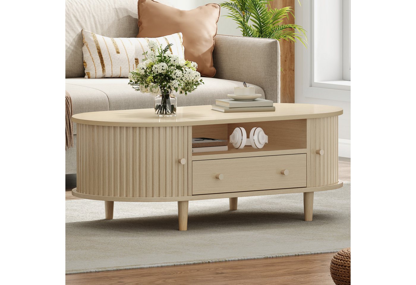 Merax Couchtisch Ovaler Kaffeetisch Sofatisch Beistelltisch (1-St), Wohnzimmertisch mit Schublade,Rolltüren & offenem Stauraum,100x50x36cm